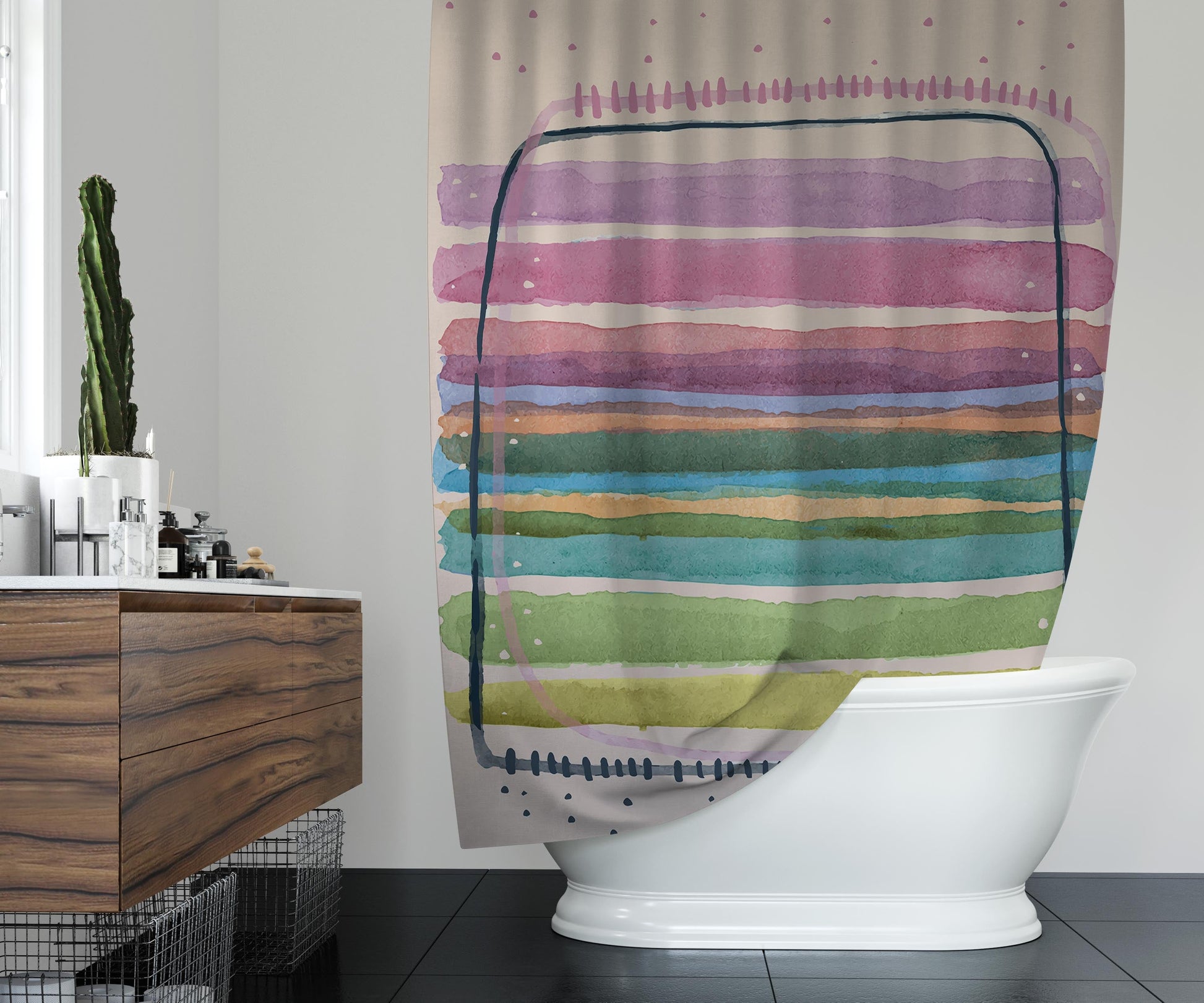 Tidy bathroom with washable shower curtain featuring calming brushstroke design, with pastel colors.