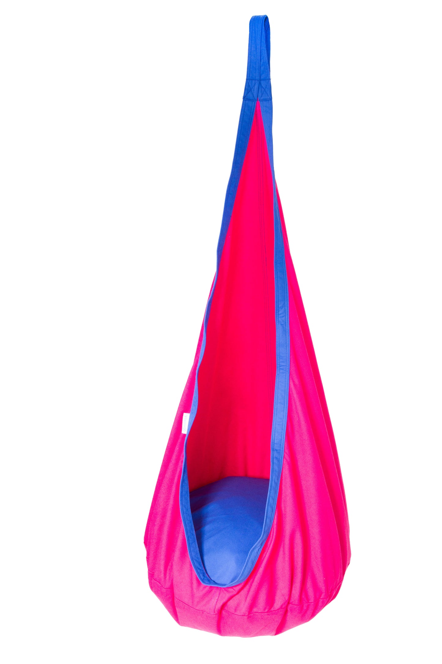 Hanging Harkla Pod Sensory Swing in bright pink with blue trim.