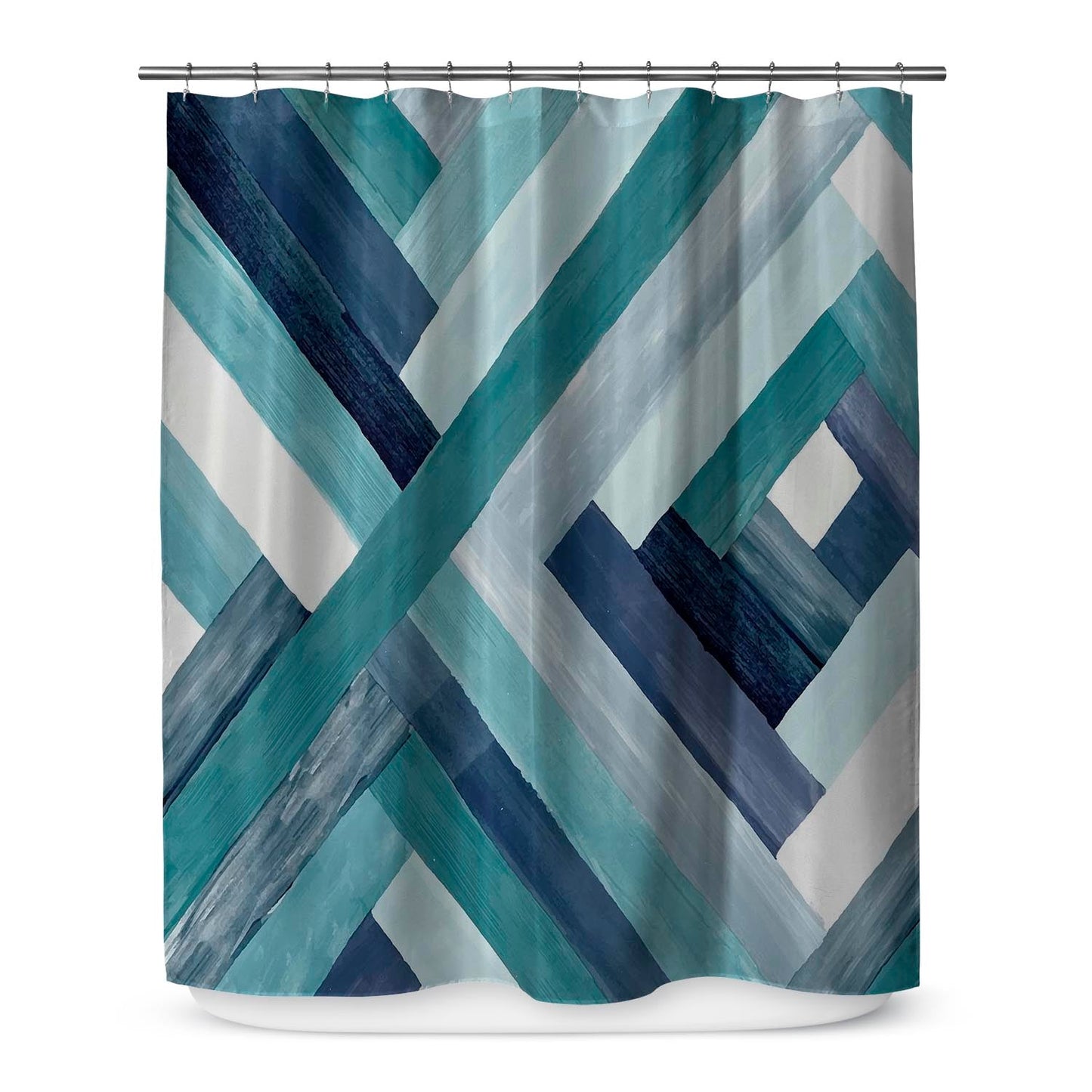 Hanging shower curtain with contemporary design with brushstrokes in multiple shades of blue.