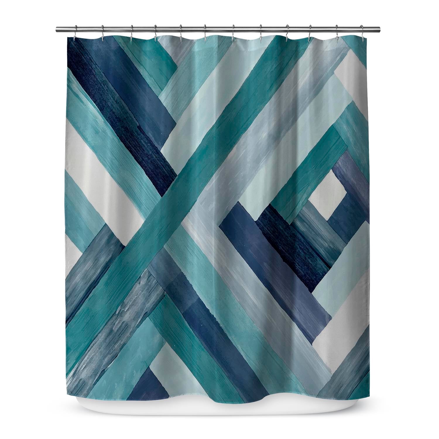 Hanging shower curtain with contemporary design with brushstrokes in multiple shades of blue.