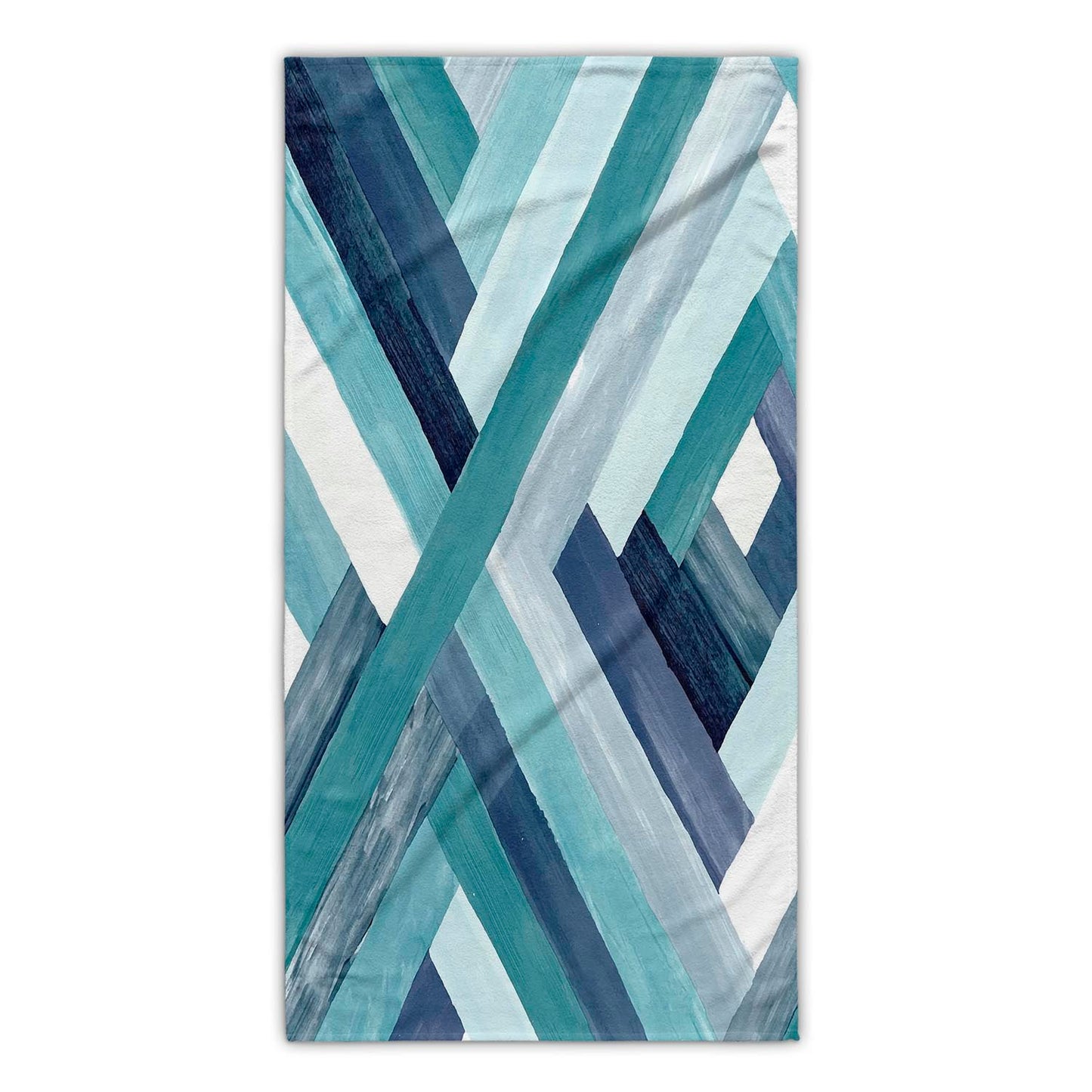 Printed bath towel with beautiful blue tones of intersecting watercolored brushstrokes.