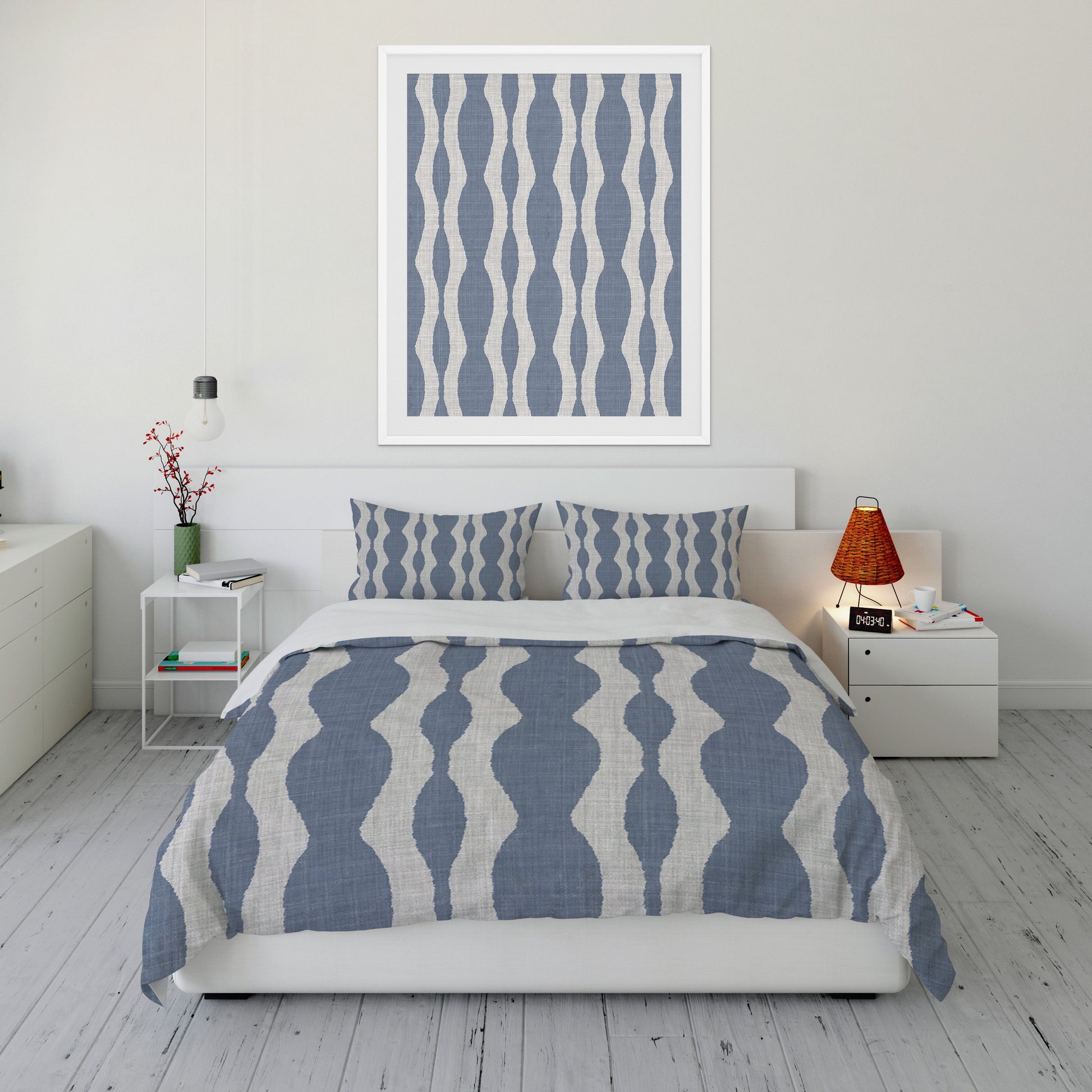 Fresh bedroom featuring charming chambray colored Comforter Set with flowing gray wave patterns throughout.