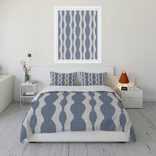 Fresh bedroom featuring charming chambray colored Comforter Set with flowing gray wave patterns throughout.