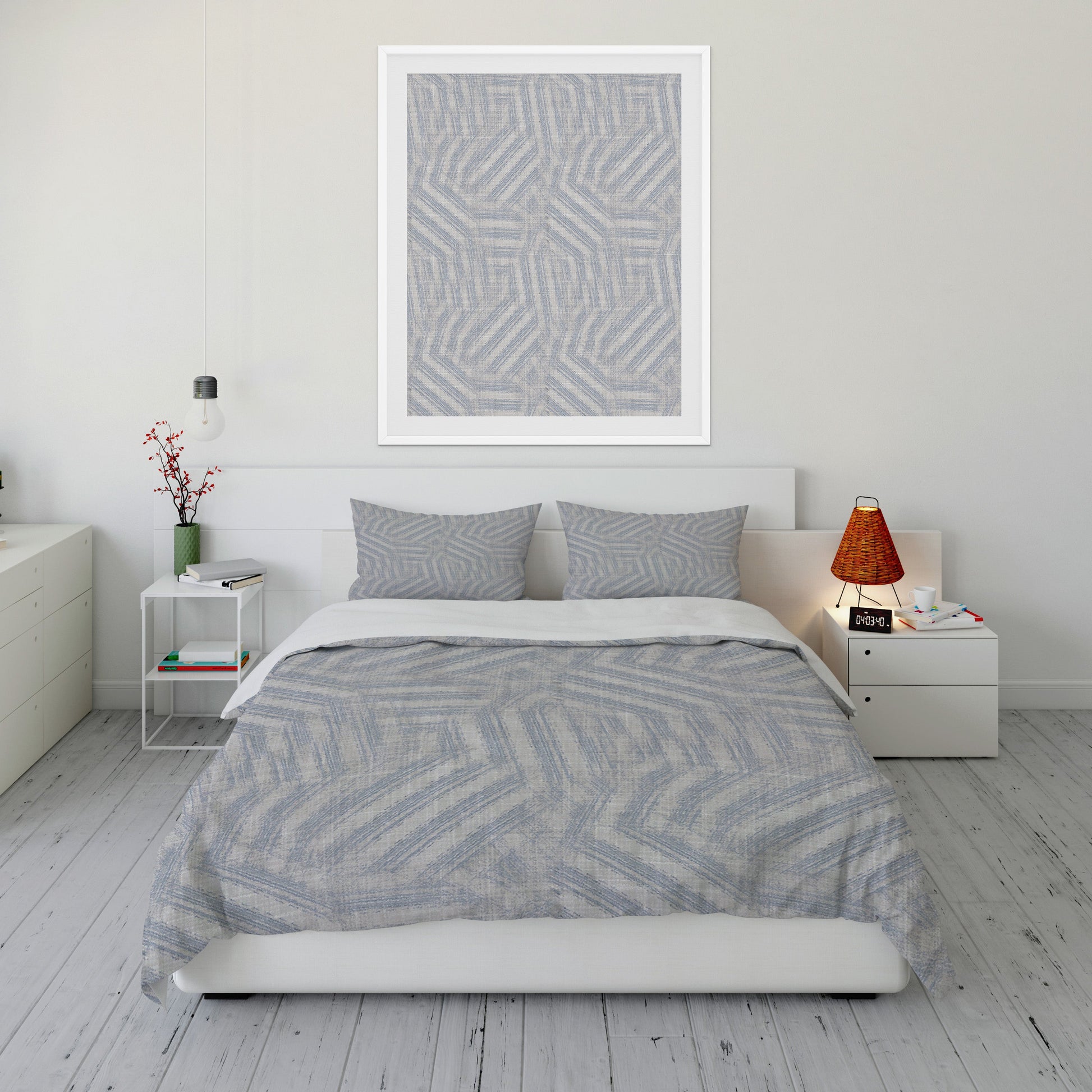 Fresh bedroom featuring plush gray Comforter Set with mesmerizing blue pattern.