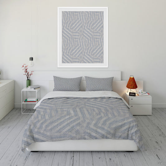 Fresh bedroom featuring plush gray Comforter Set with mesmerizing blue pattern.