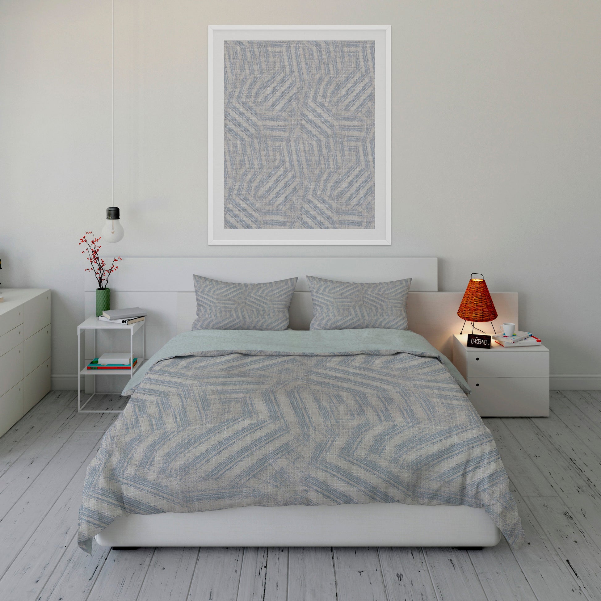 Crisp bedroom displaying gray Sherpa Comforter Set with intriguing  blue maze design.