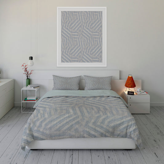 Crisp bedroom displaying gray Sherpa Comforter Set with intriguing  blue maze design.
