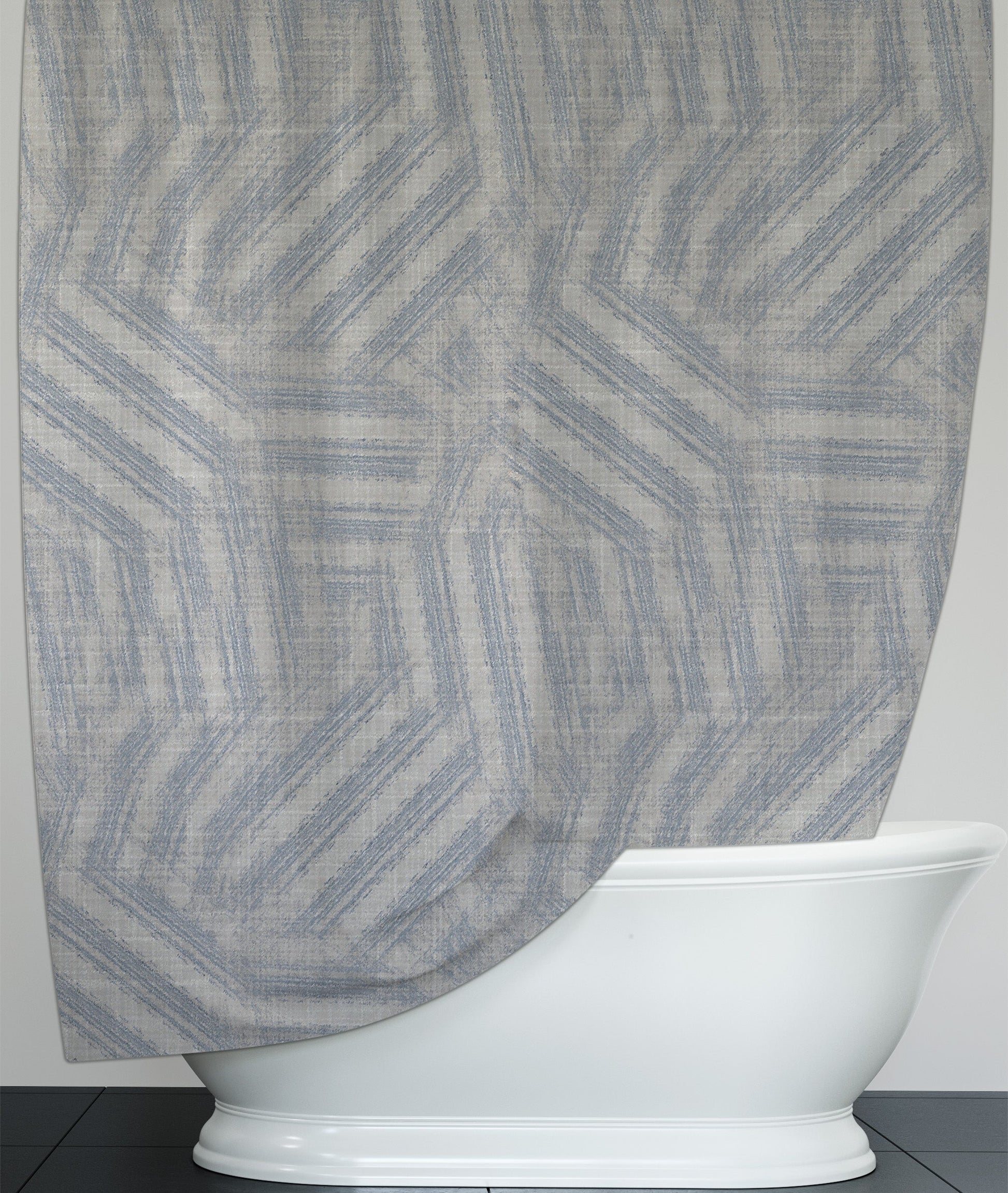 Hanging washable shower curtain with mesmerizing gray and blue design.