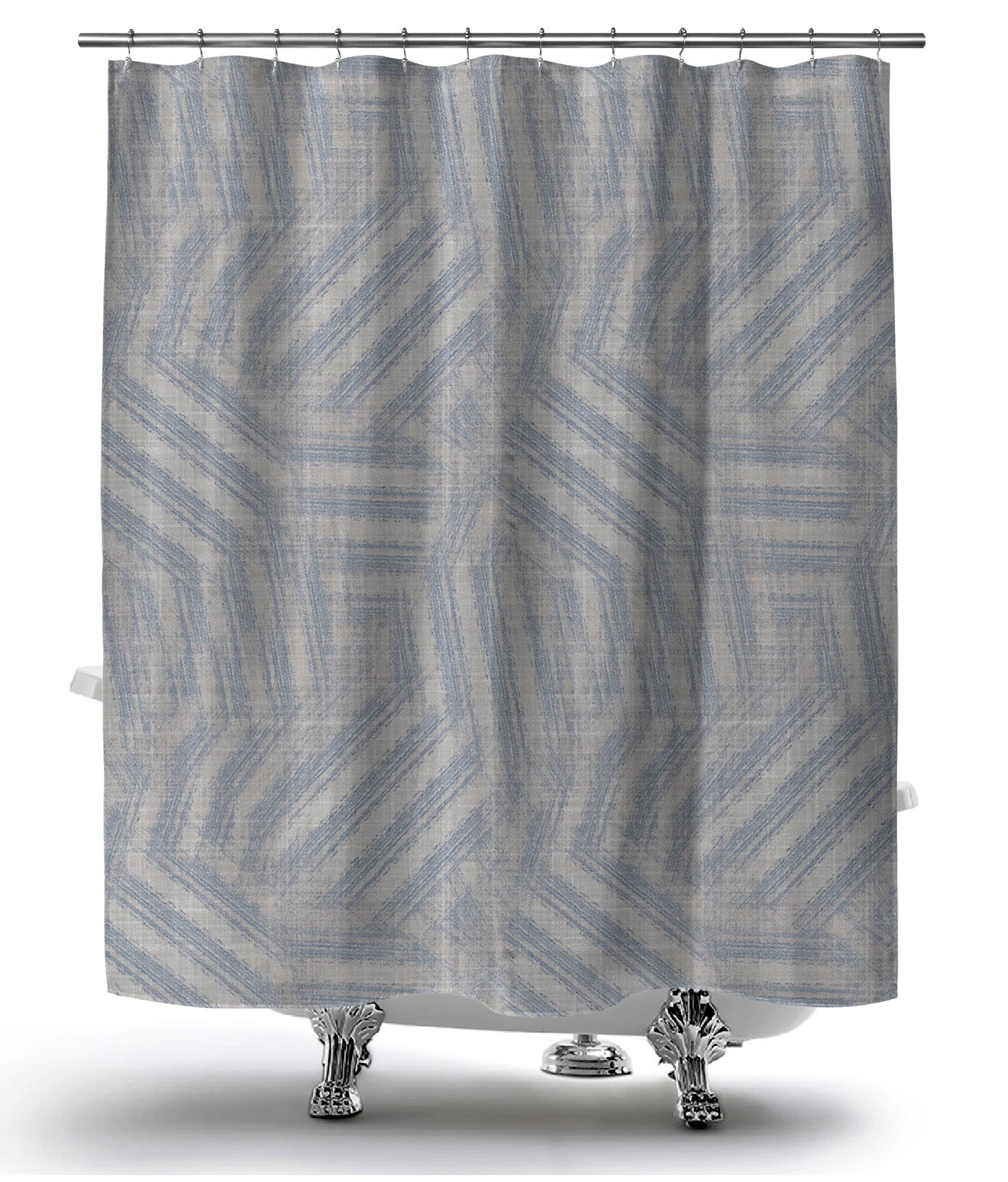 Printed, washable shower curtain with captivating gray and blue swirling design.