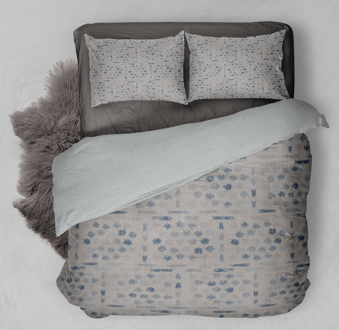 Winter ready bed featuring gray printed Sherpa Comforter Set featuring artistic sketch design.