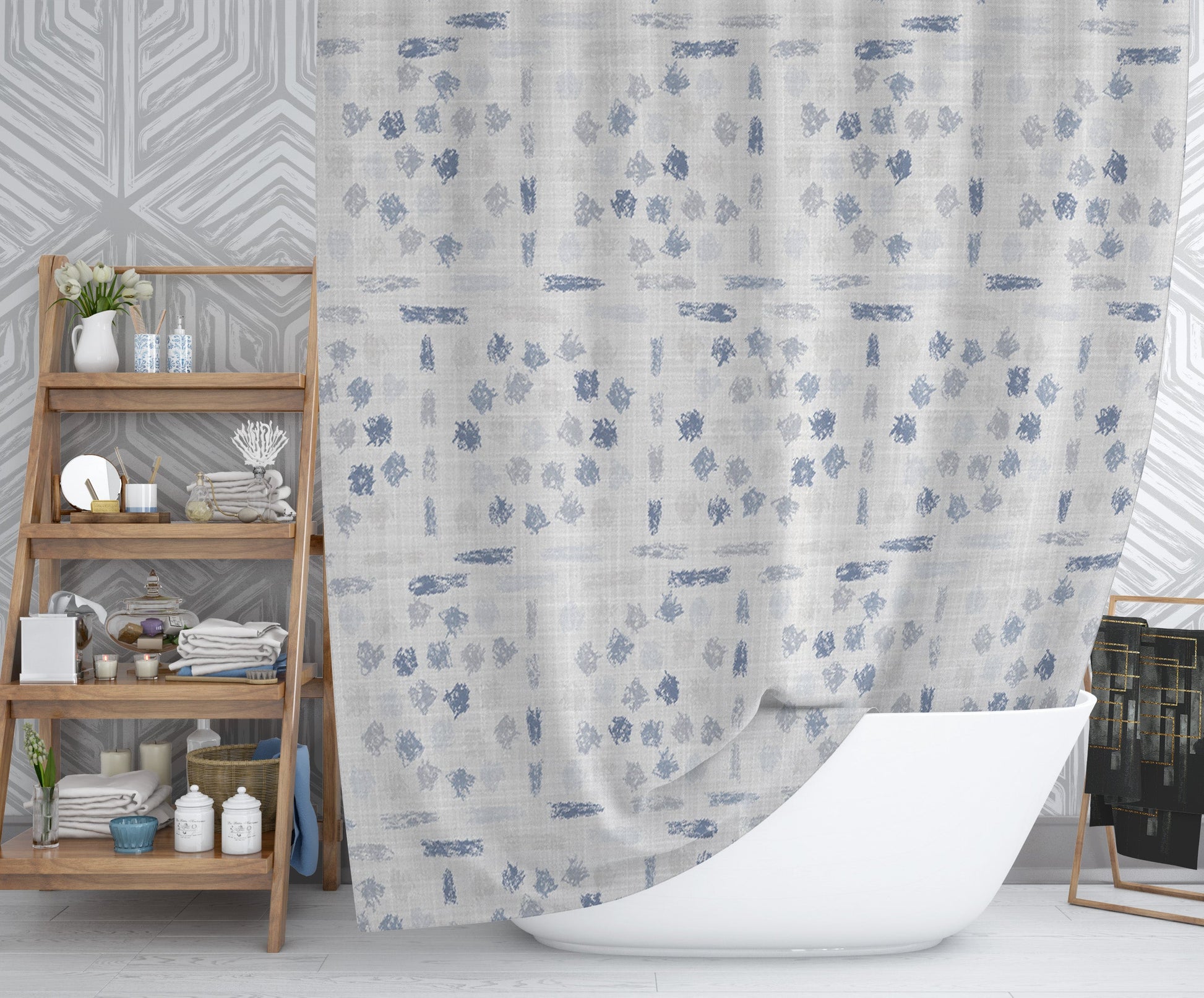 Modern bathroom with washable shower curtain featuring gray and blue artistic smudge design throughout.