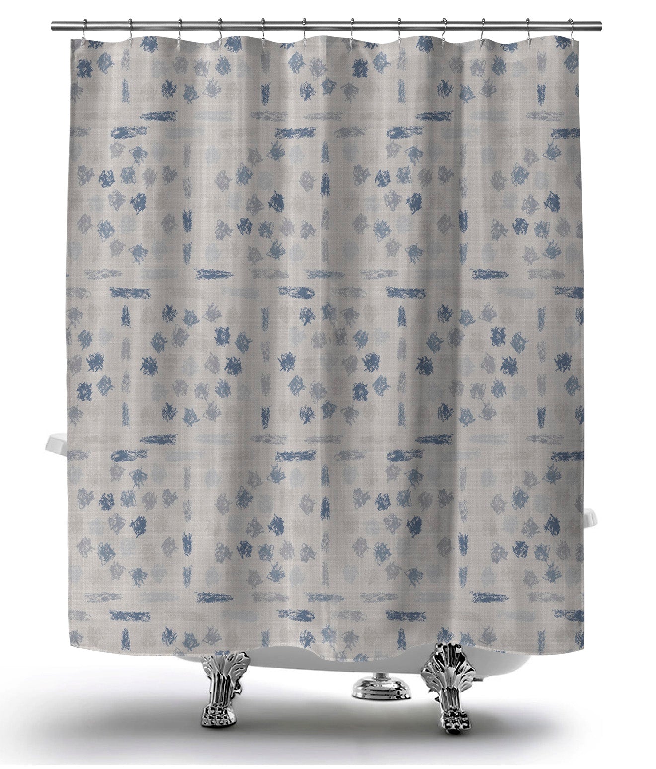 Gray, hanging shower curtain featuring printed design with blue and gray artsy scribbles and sketches.