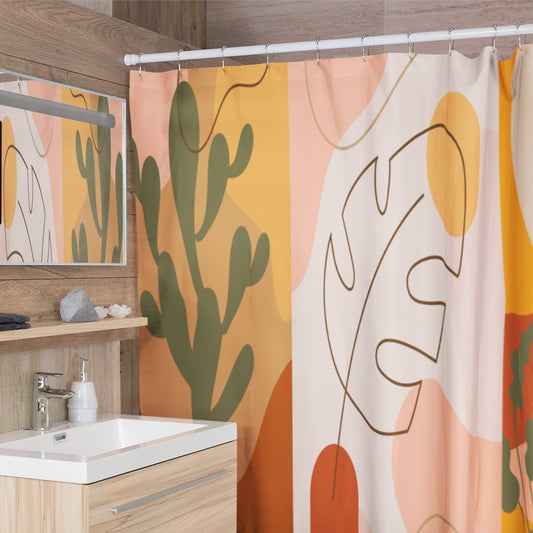 Modern bathroom featuring neutral toned, Bohemian themed shower curtain with abstract desert images.