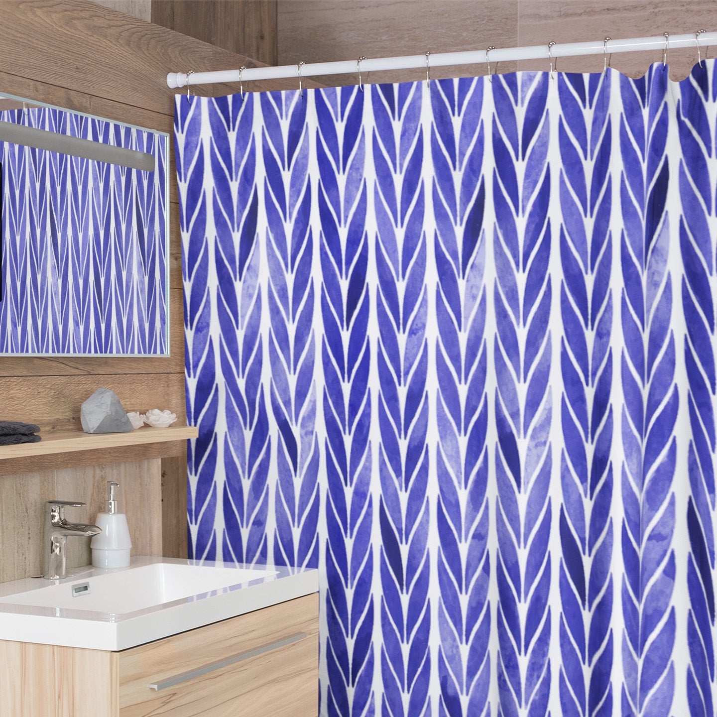 Modern bathroom featuring captivating shower curtain with printed sapphire climber design.