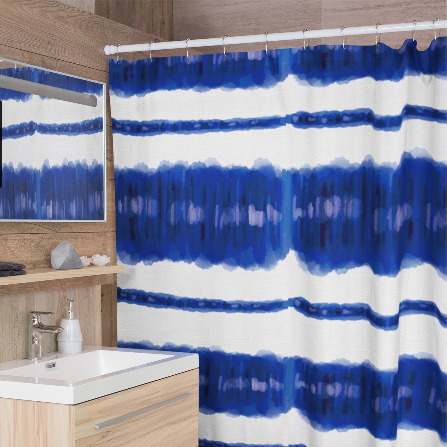 Modern bathroom with washable shower curtain featuring bright blue and white watercolored, oceanic design.