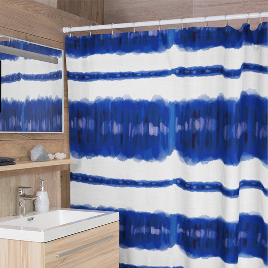 Modern bathroom with washable shower curtain featuring bright blue and white watercolored, oceanic design.