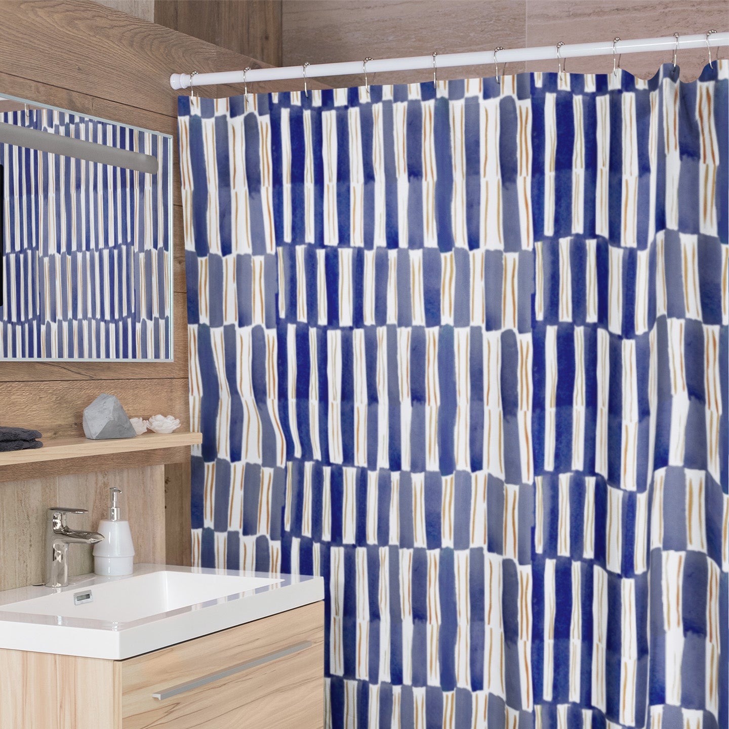 Modern bathroom featuring washable shower curtain with elongated blue and white checkered design.