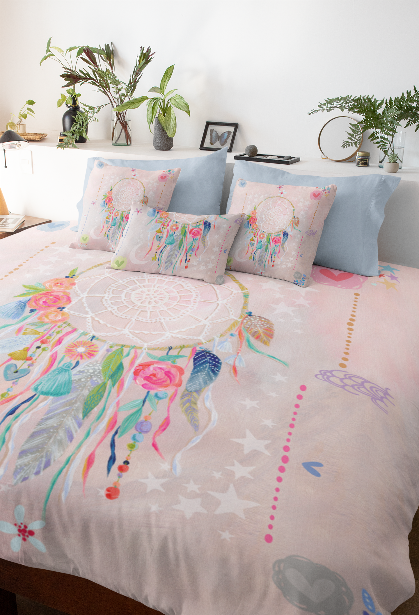 Eclectic bedroom featuring printed six piece dreamcatcher comforter set.