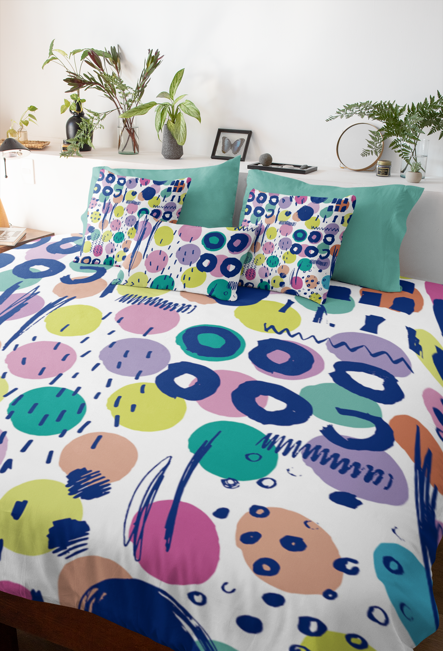 Eclectic bedroom featuring printed six piece comforter set with color sketches.