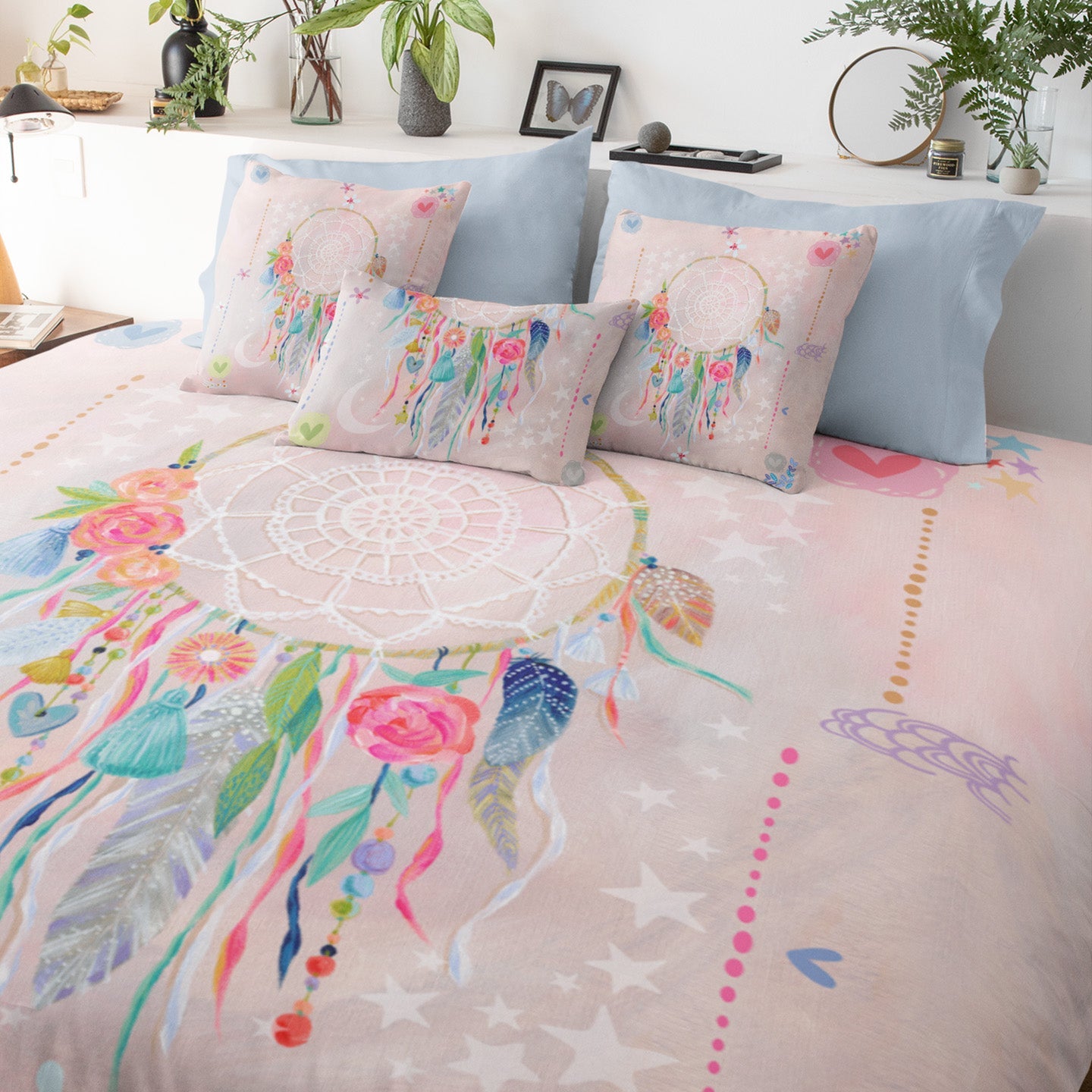 Eclectic bedroom featuring pink six piece DreamCatcher comforter set. 