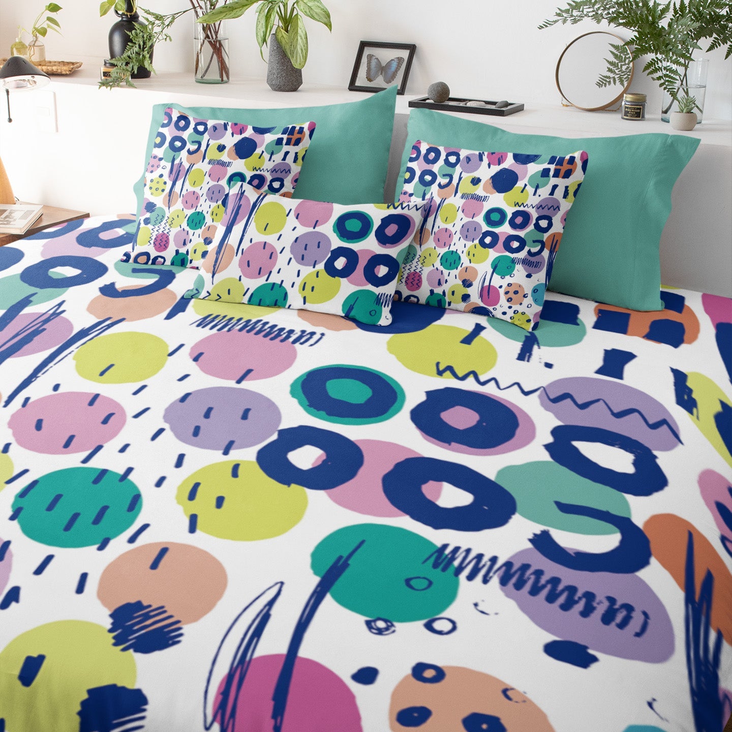 Eclectic bedroom featuring colorful six piece creative doodles comforter set.