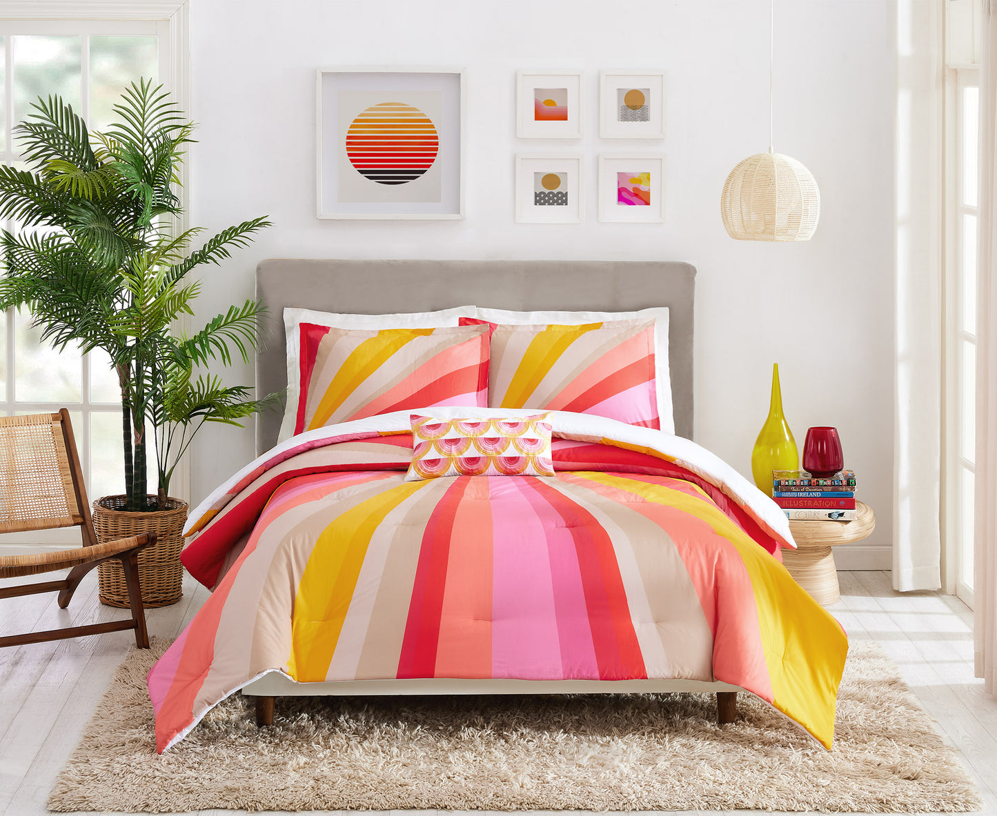 Modern bedroom featuring Trina Turk Sunburst Duvet Cover Set with Decorative Pillow.