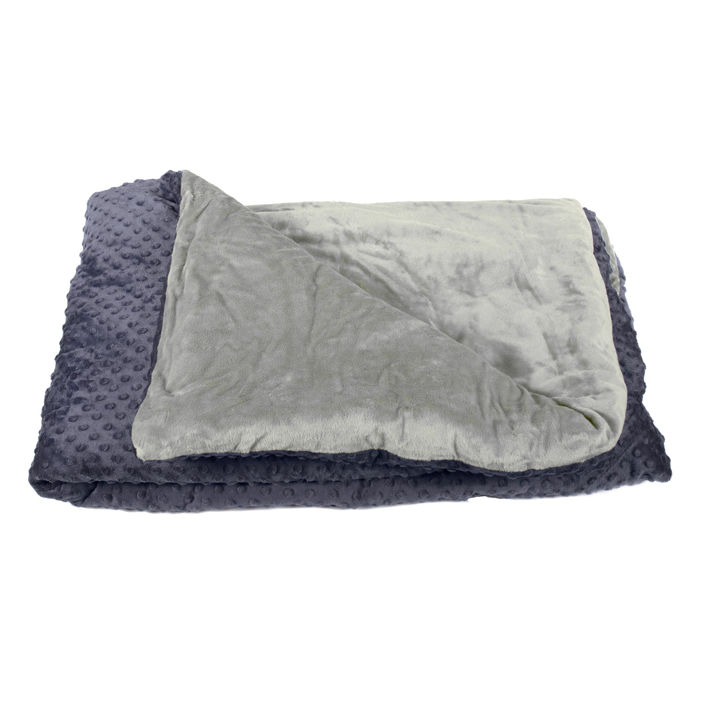 Detailed view of Harkla weighted blanket with dotted charcoal front and gray reverse.