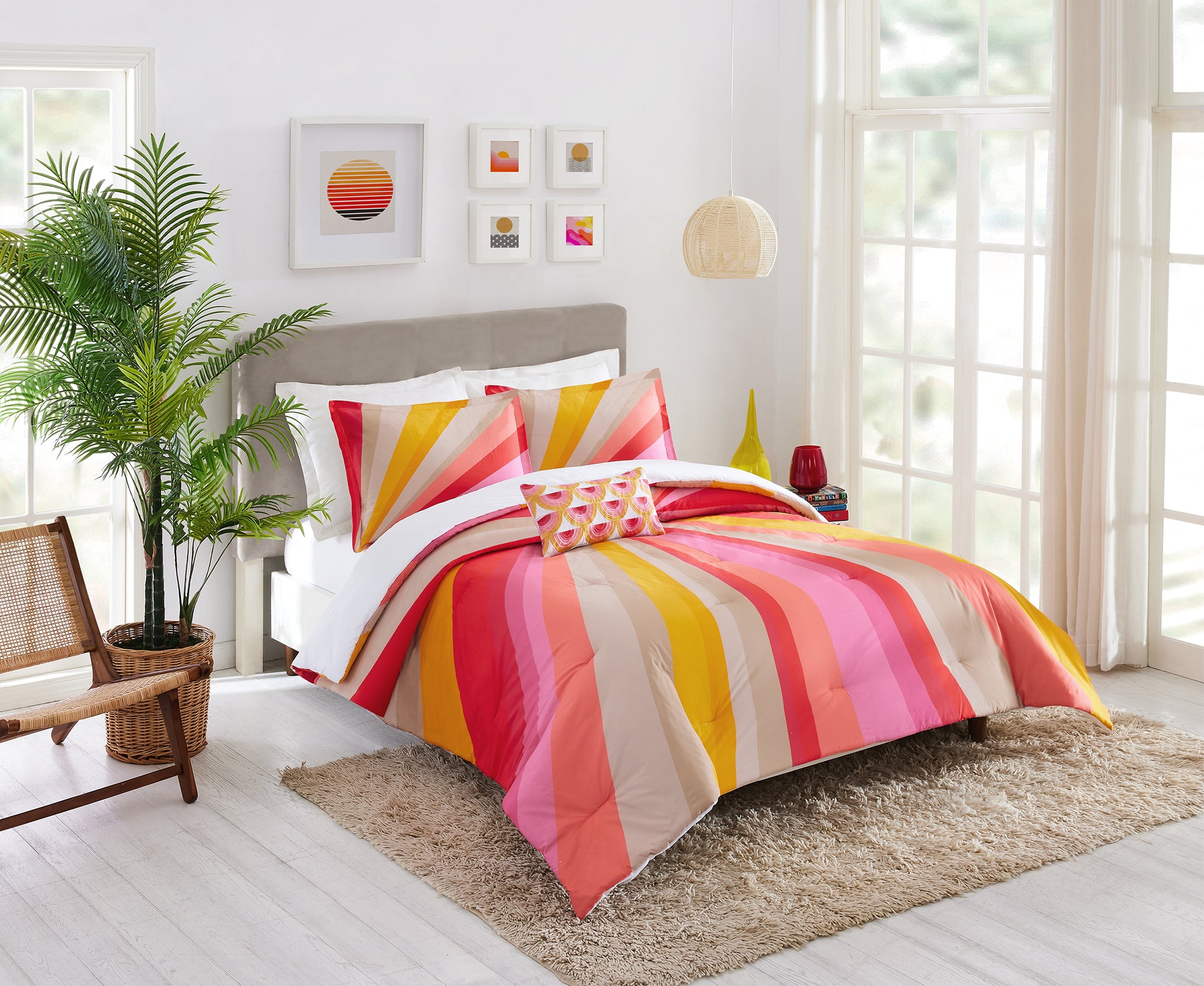 Modern bedroom featuring Trina Turk Sunburst Duvet Cover Set with Decorative Pillow.