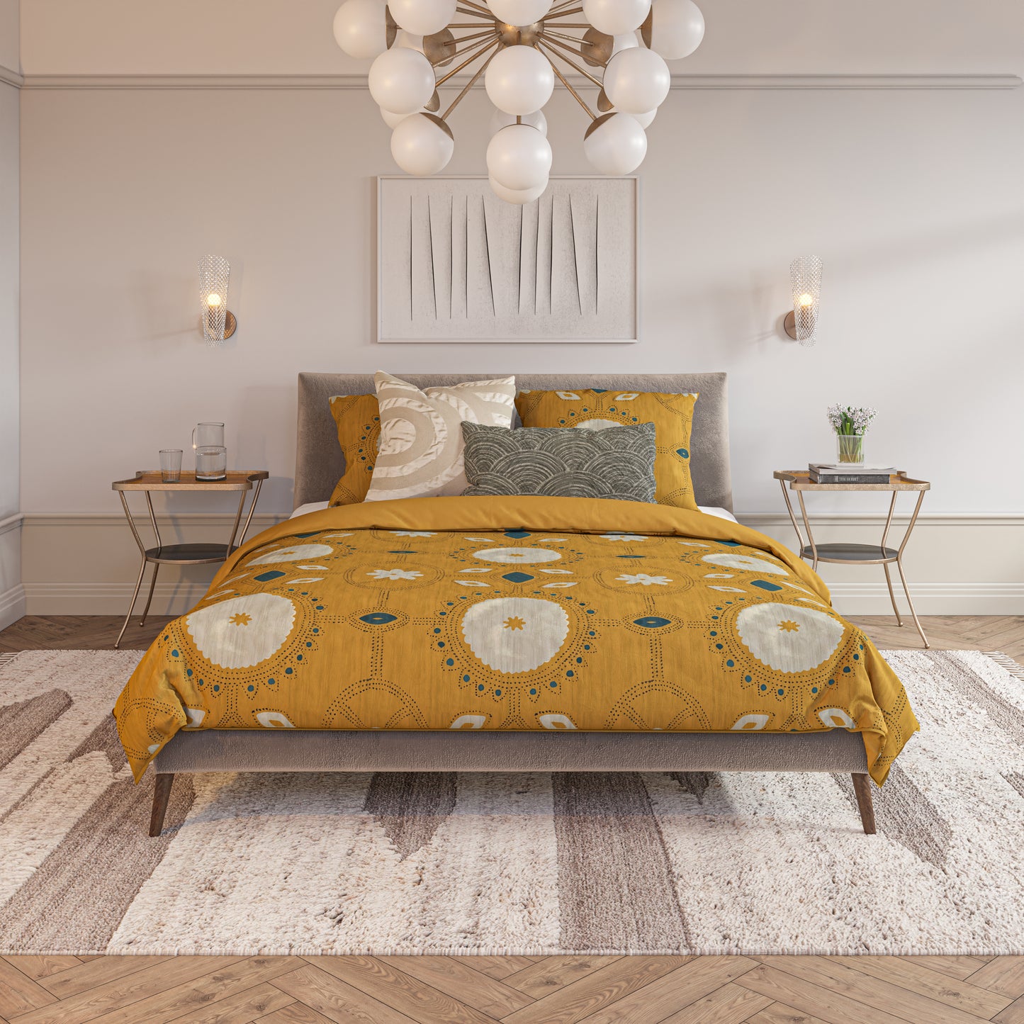 Mid-Century style bedroom featuring Lemieux Et Cie Duvet Cover Set with mustard and white pattern.