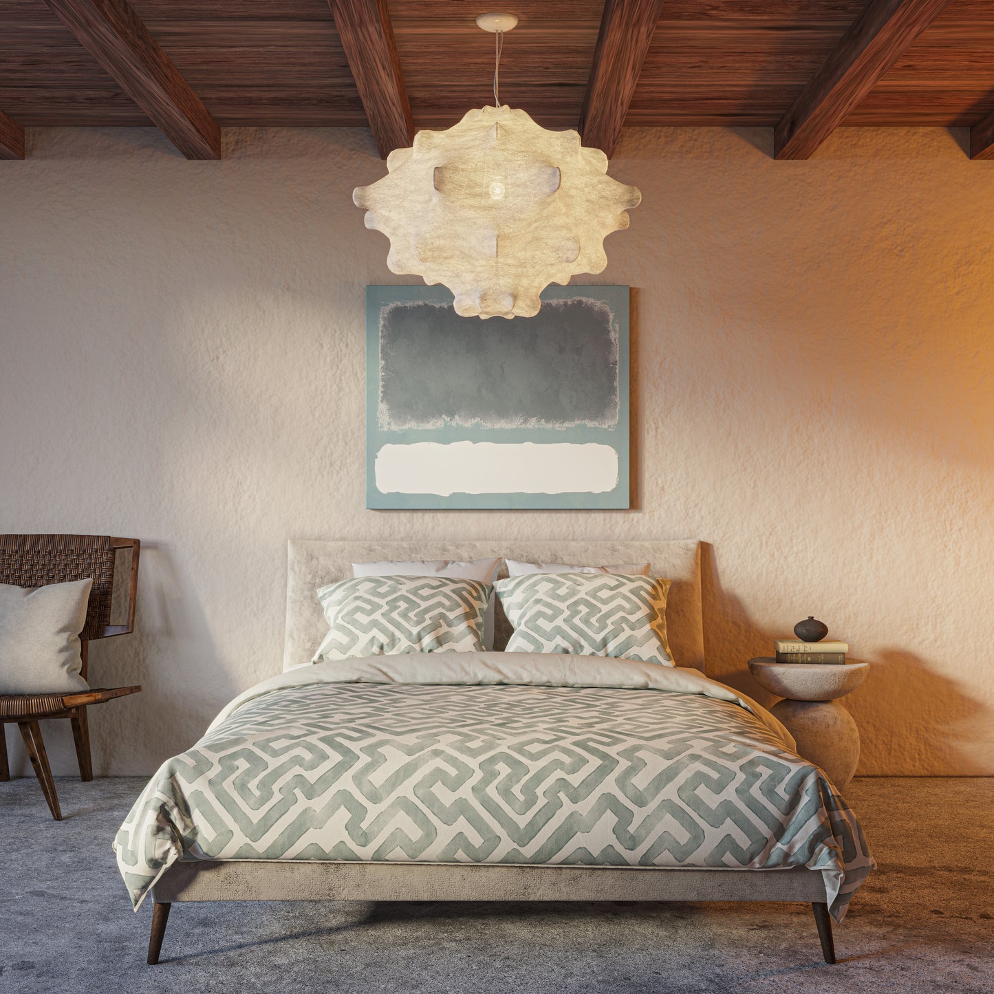 Bohemian style bedroom featuring gray and ivory puzzle patterned duvet set by Lemieux Et Cie.  