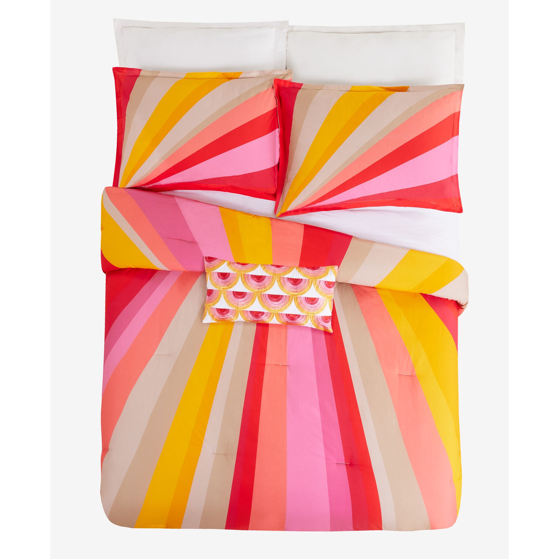 Bed adorned with Trina Turk Sunburst Duvet Cover Set and Decorative Rainbow Pillow.