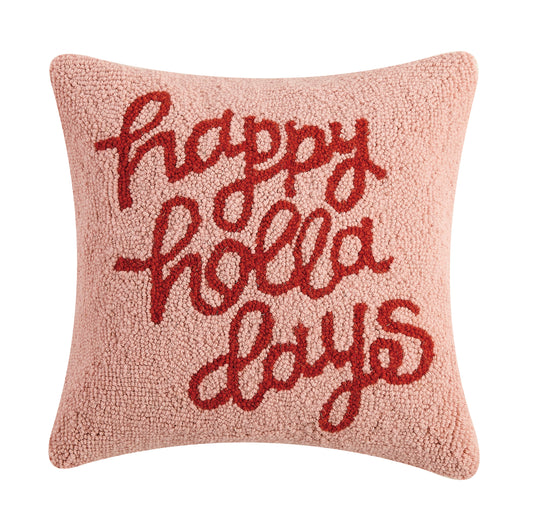 “Happy holla days” wool, holiday throw pillow in pink and red.