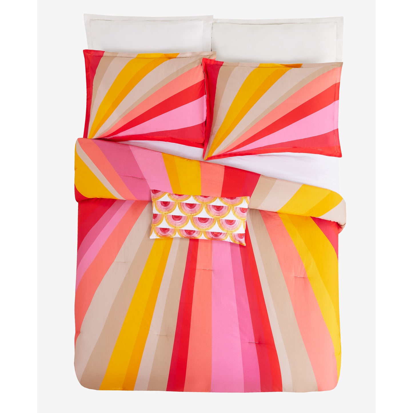 Trina Turk embroidered mini rainbows decorative pillow against Trina Turk Sunburst Duvet Cover Set.