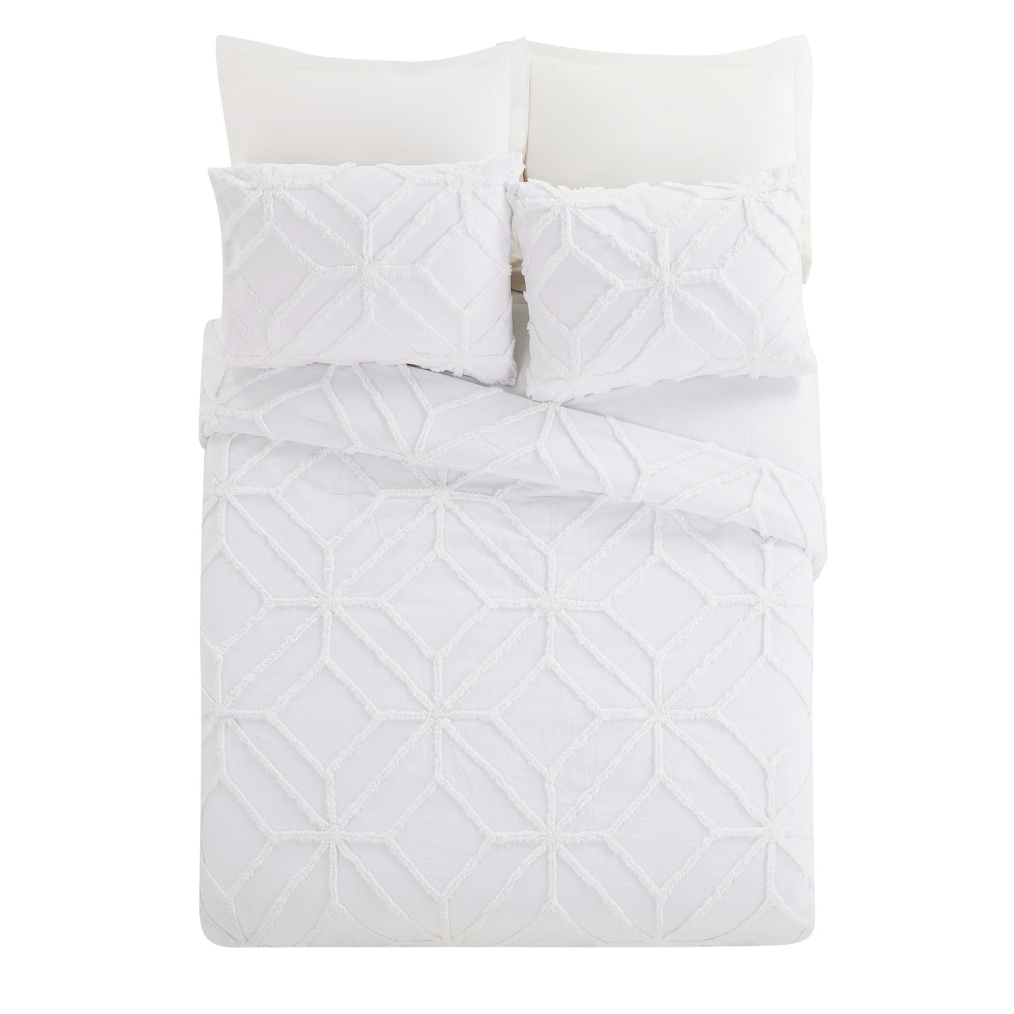 Bed featuring white Trina Turk Trellis Duvet Set with Chenille Fabric.