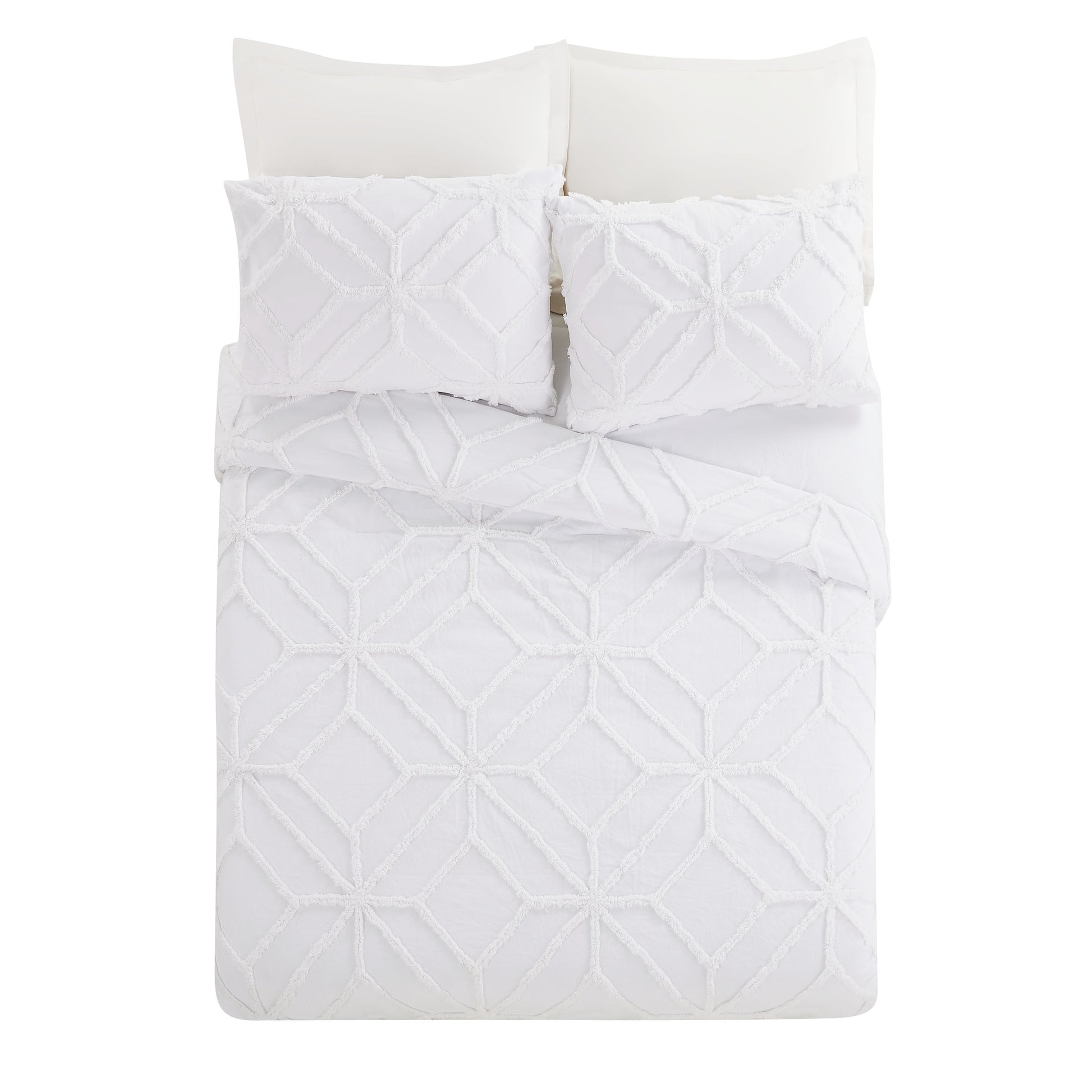 Bed featuring white Trina Turk Trellis Duvet Set with Chenille Fabric.