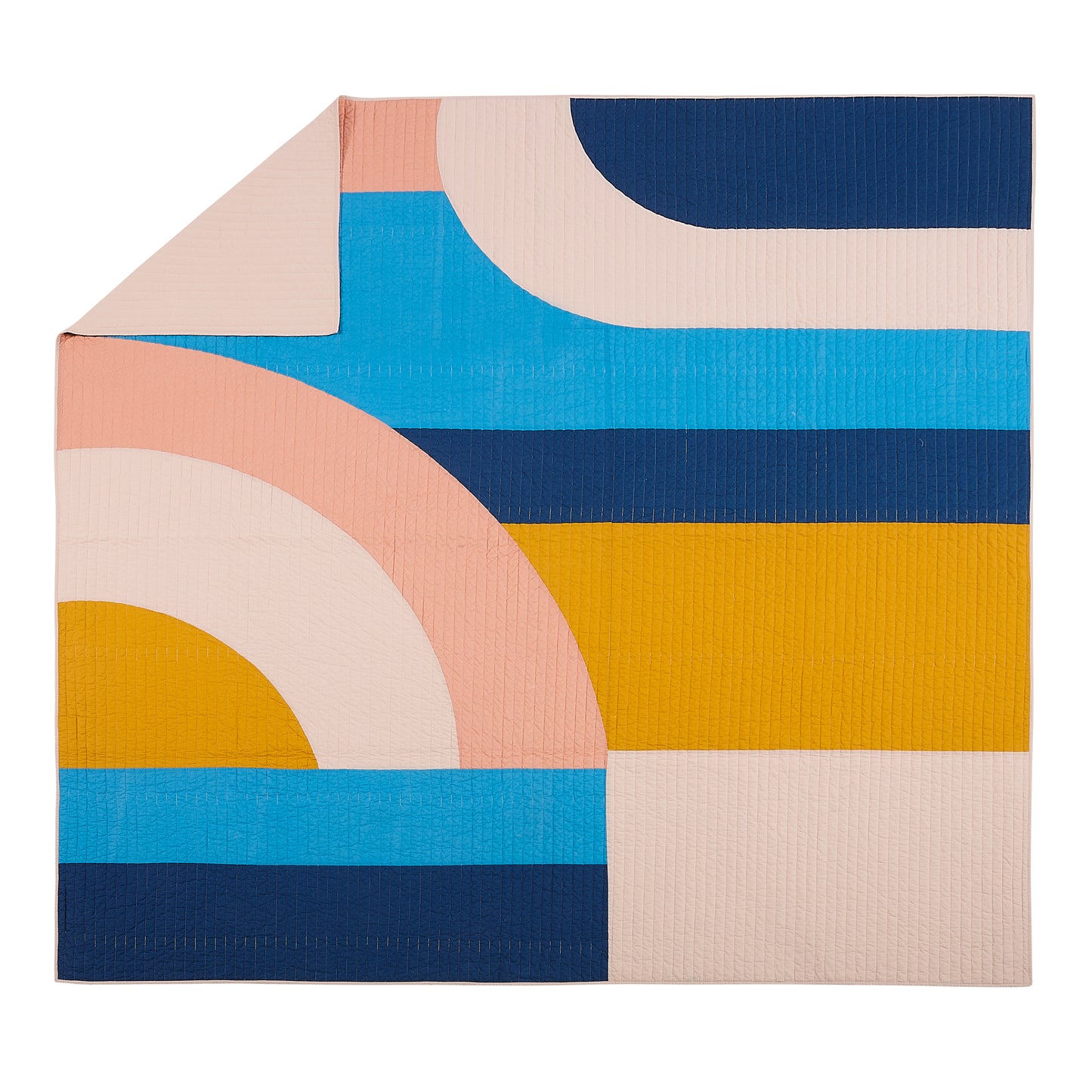 Modern quilt with colorful, rainbow arches in yellow, blue and pink.