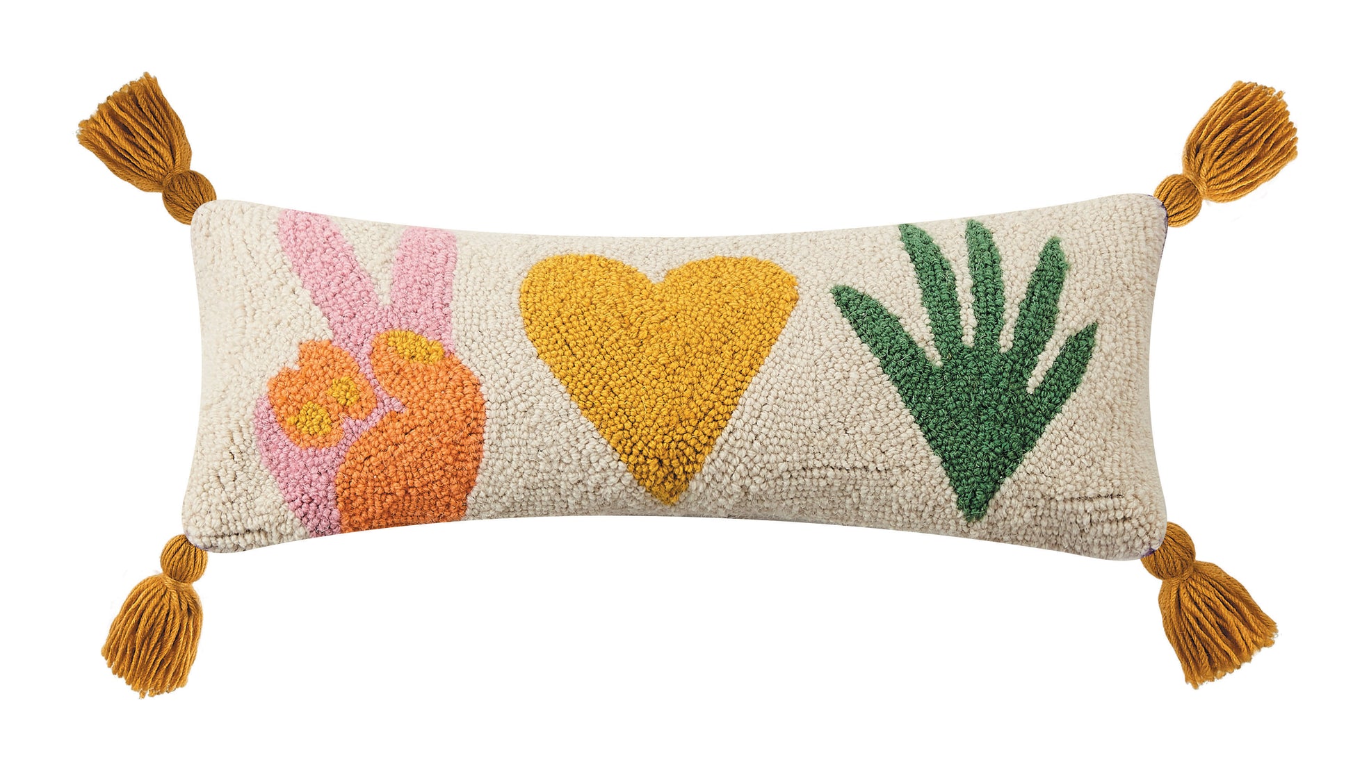 Cream lumbar pillow with peace symbol, heart and plant graphics and golden tassels