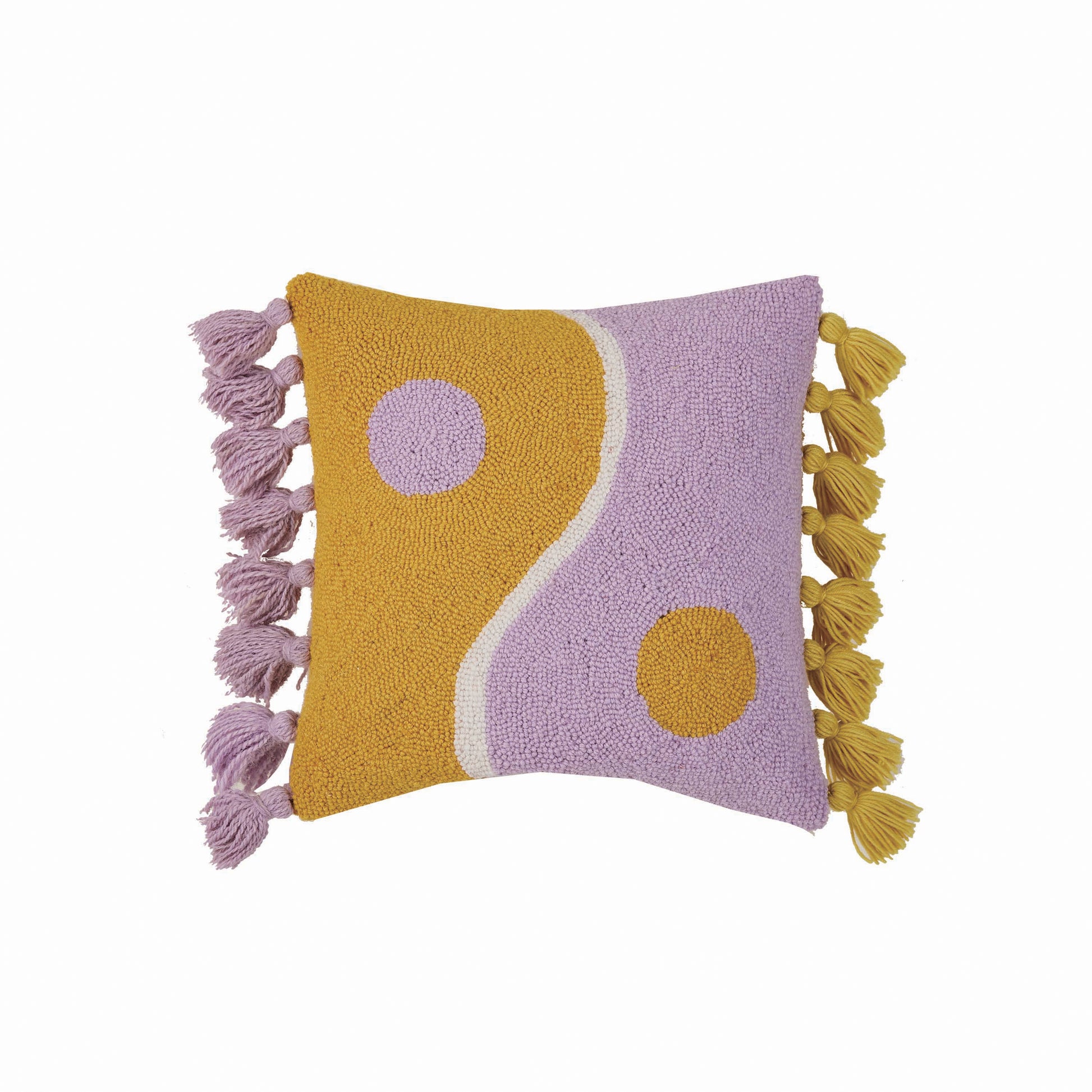 Purple and yellow yin yang tassels pillow by Ampersand.