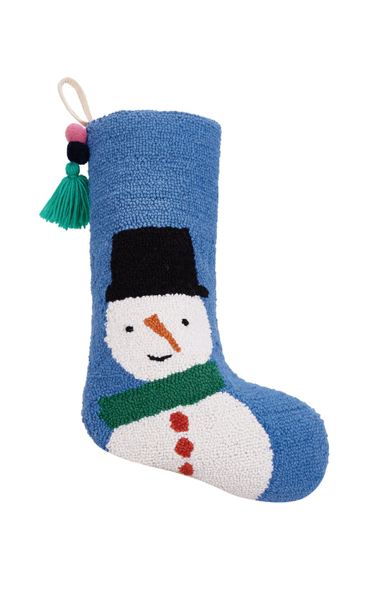 Blue, Ampersand Wool Hooked Christmas Stocking with Snowman Design and Tassel