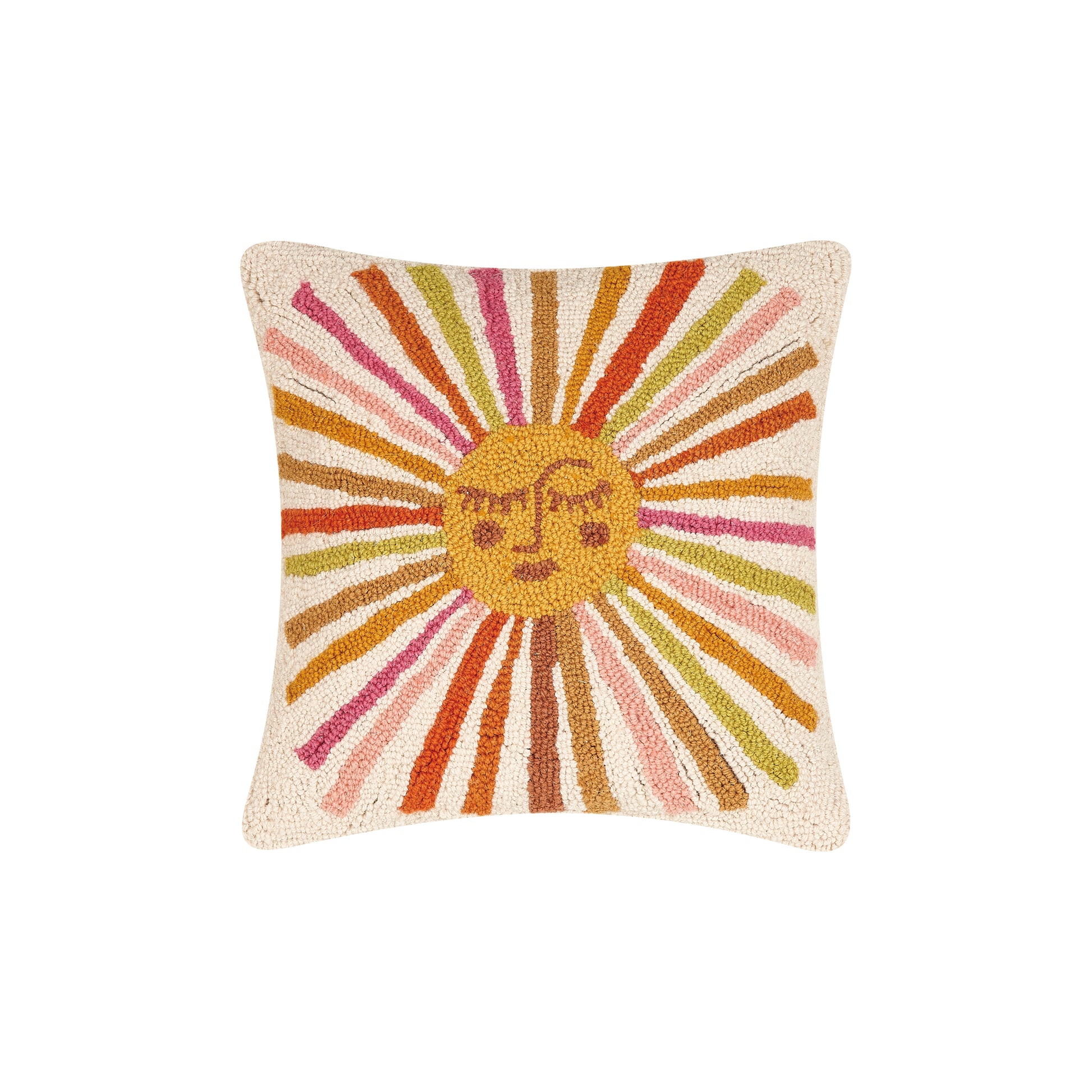 Cat Coq retro style sun throw pillow with multi-colored rays.