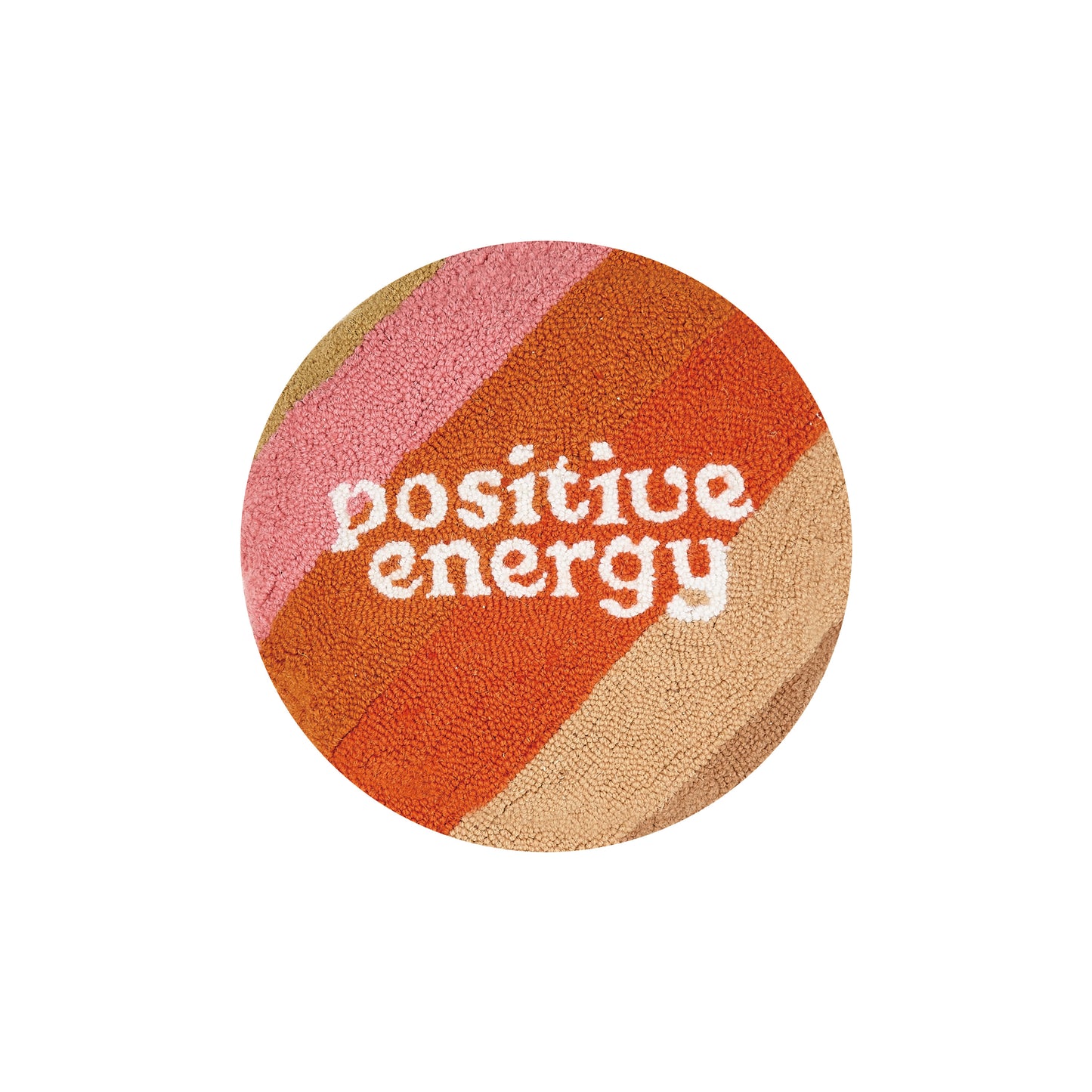 Round, earth-toned, Cat Coq throw pillow that reads, “positive energy.”