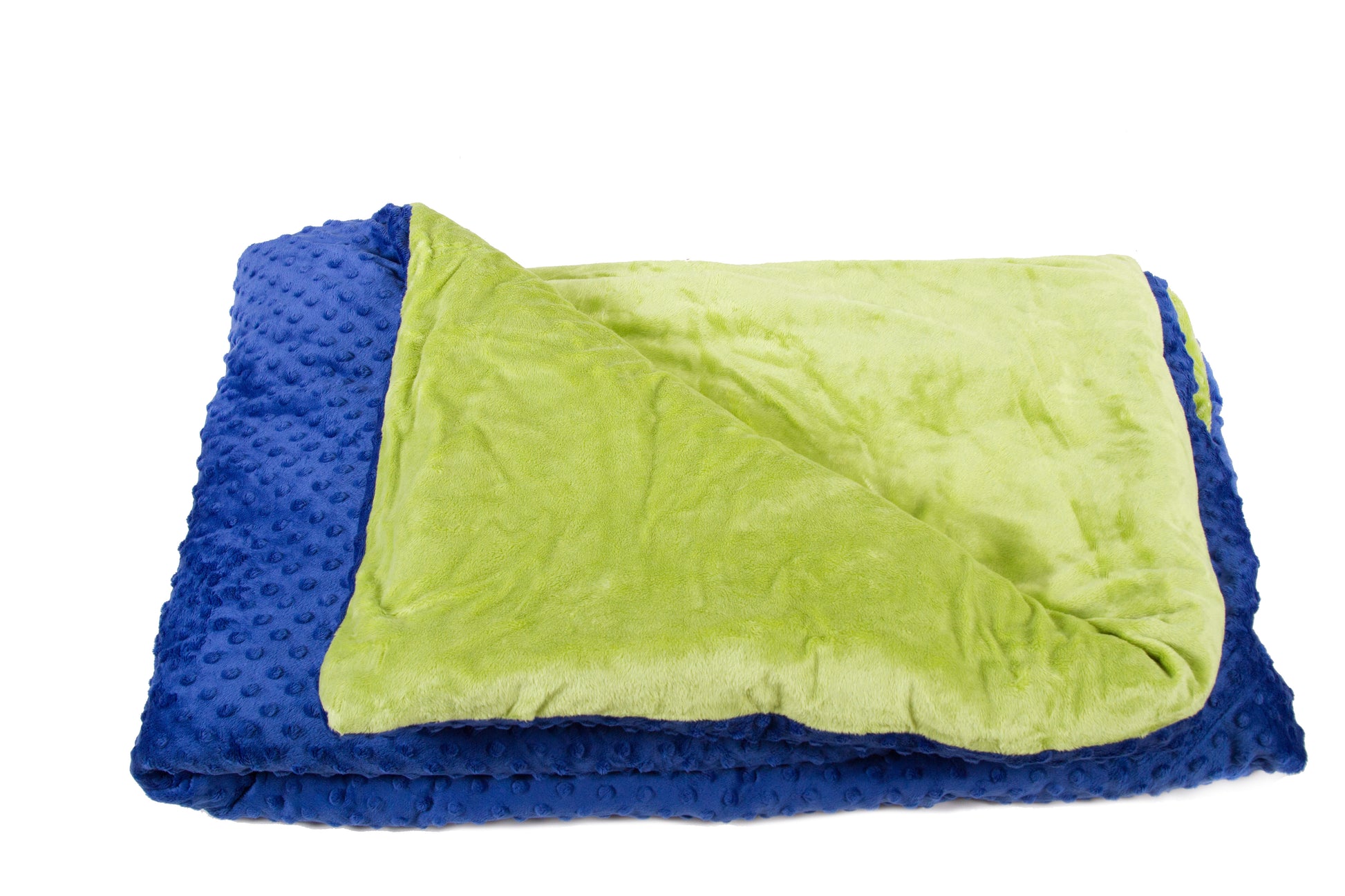 Detailed view of Harkla weighted blanket with textured  blue front and bright green reverse.