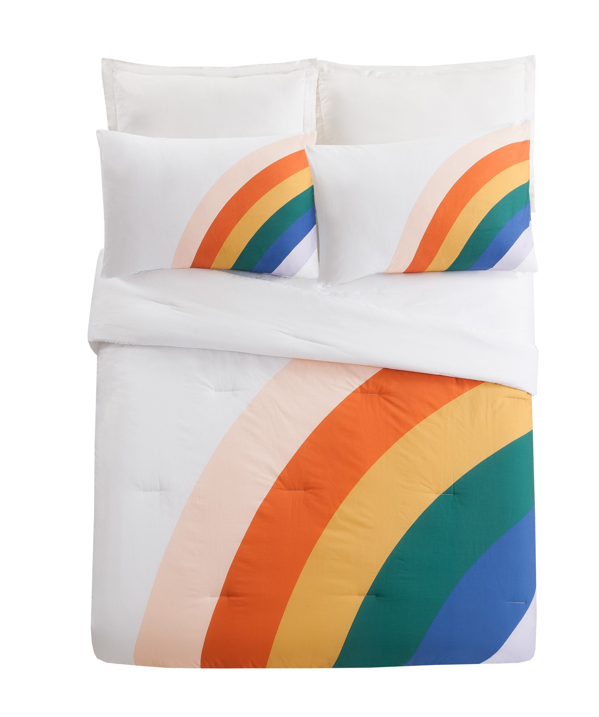 Bed featuring rainbow design comforter set by Ampersand.