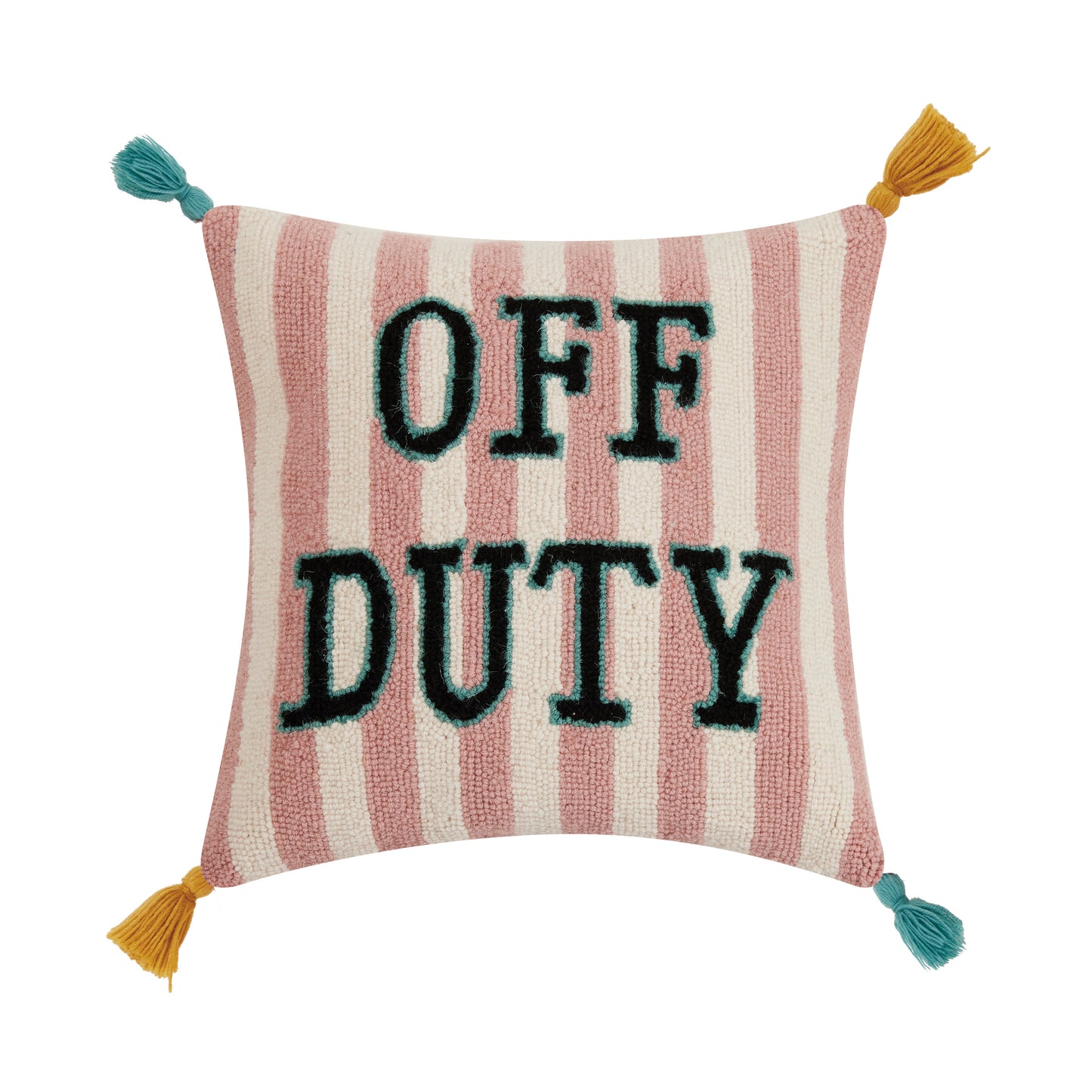 Yvonne Ellen pink and white striped, “Off Duty” throw pillow with green and yellow tassels.