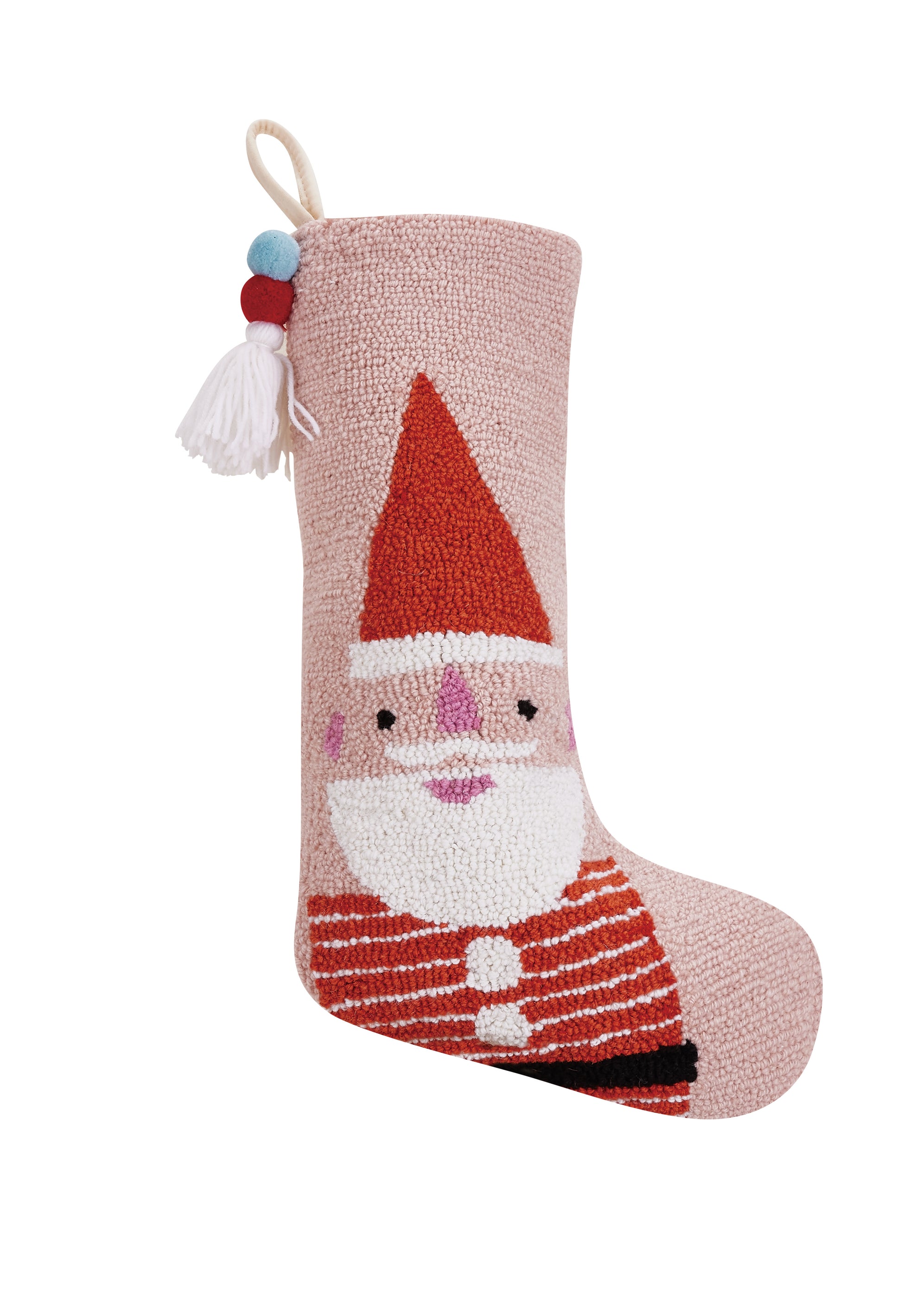 Pink, Wool Hooked, Santa Stocking with Tassel