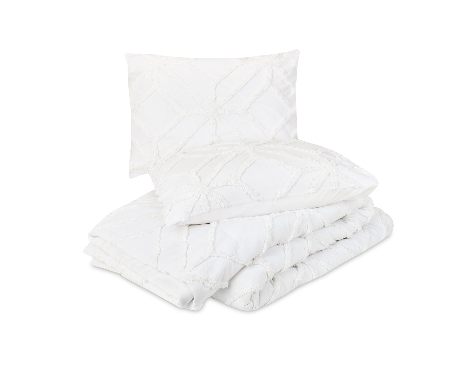 Two pillows atop matching white Trina Turk Trellis Duvet Cover.