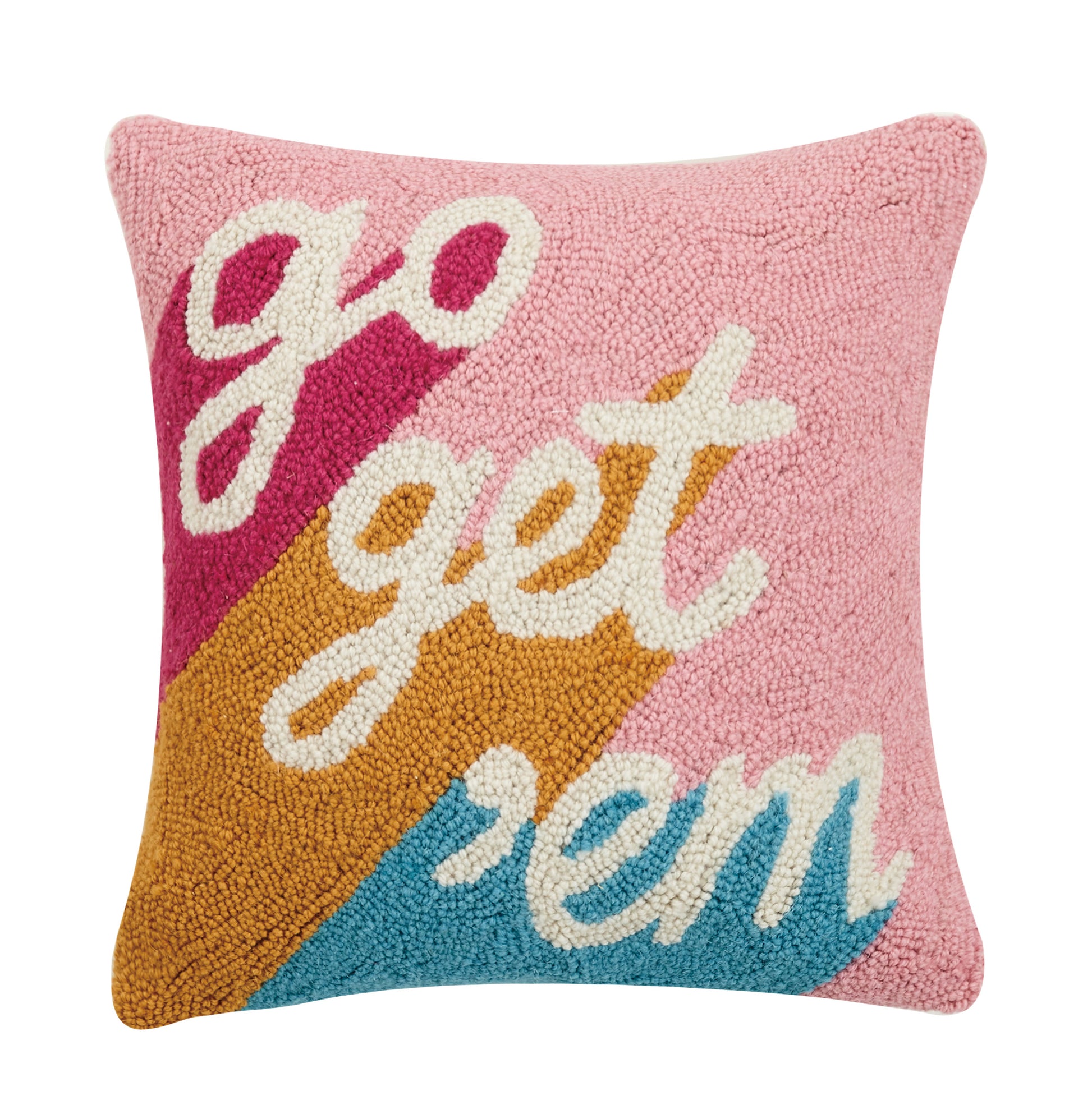 Pink, orange and blue wool hooked throw pillow that reads, “go get ‘em.”