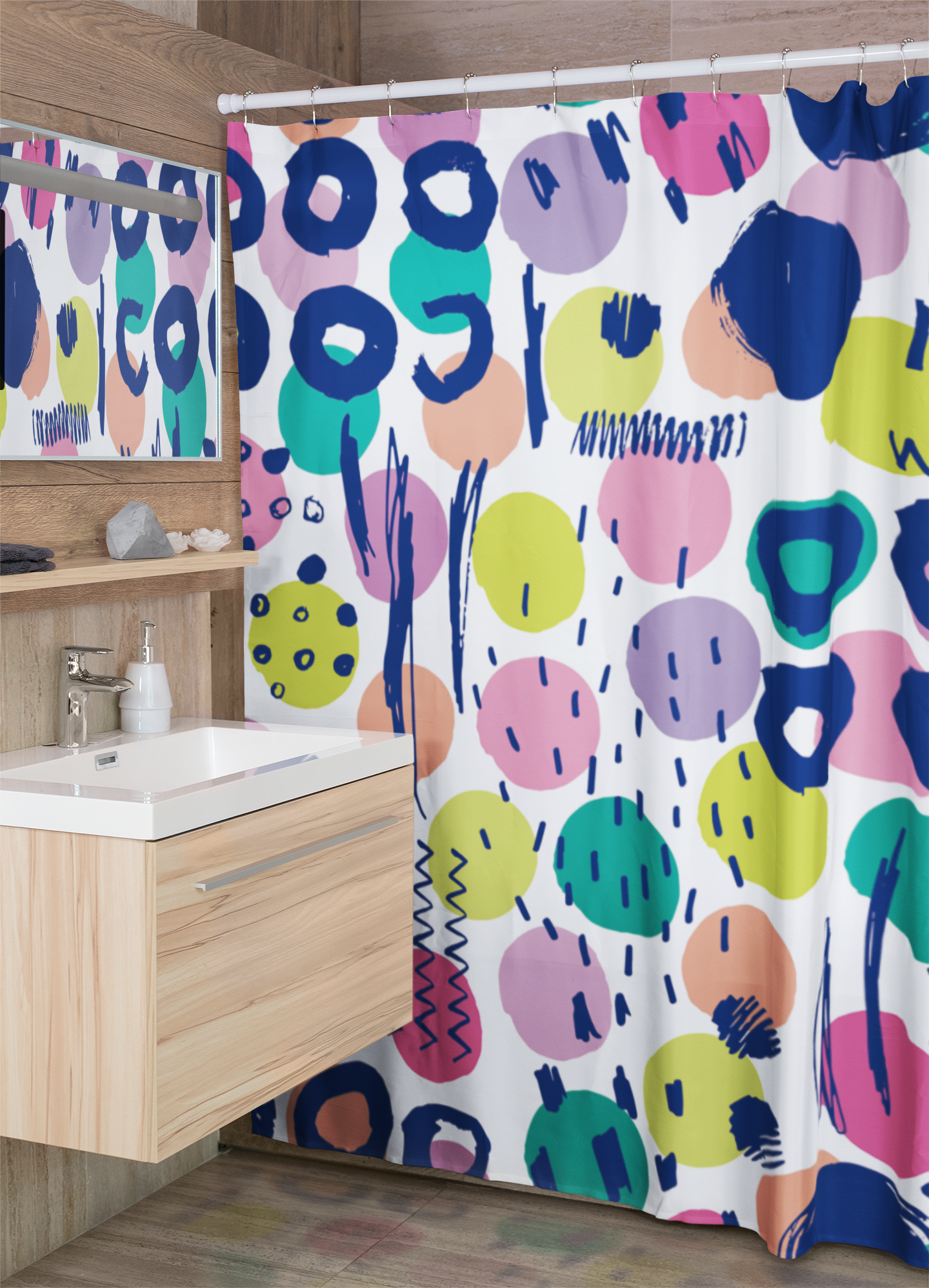 Modern bathroom featuring washable shower curtain with bright colored circles and lines pattern.