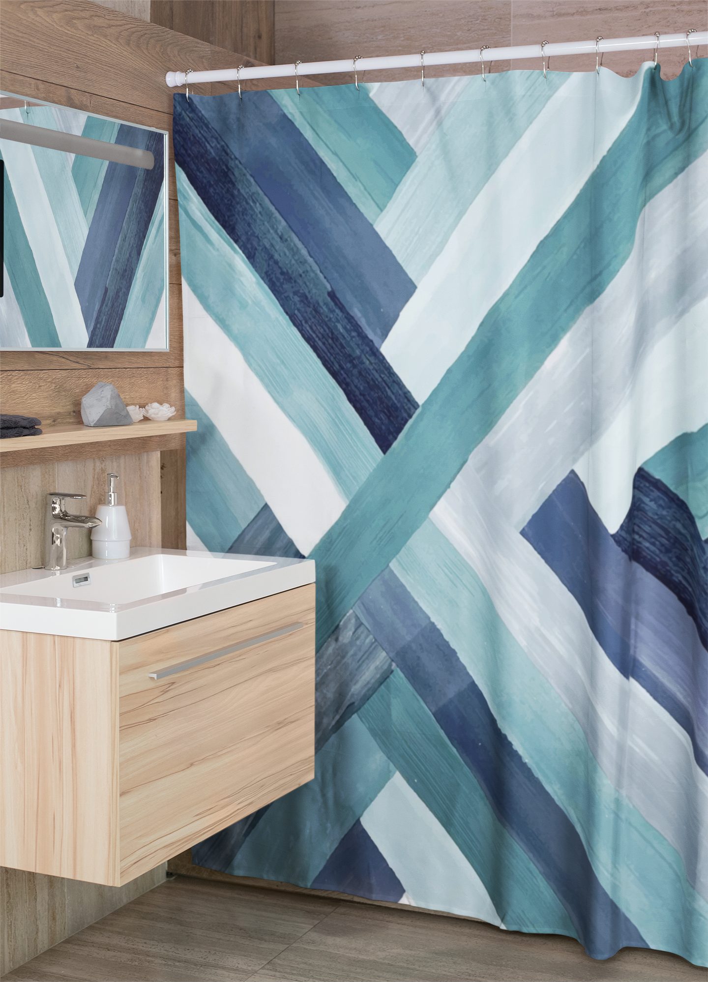 Modern bathroom featuring washable shower curtain with brushstrokes in various shades of blue.