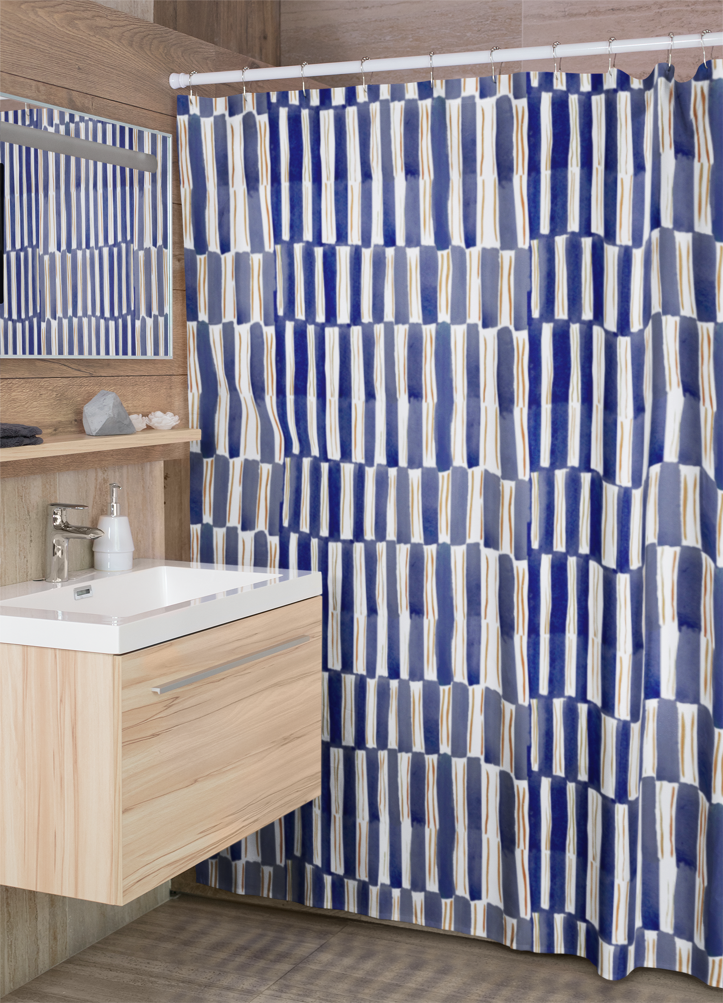 Modern bathroom featuring washable shower curtain with printed blue and white checkered design.